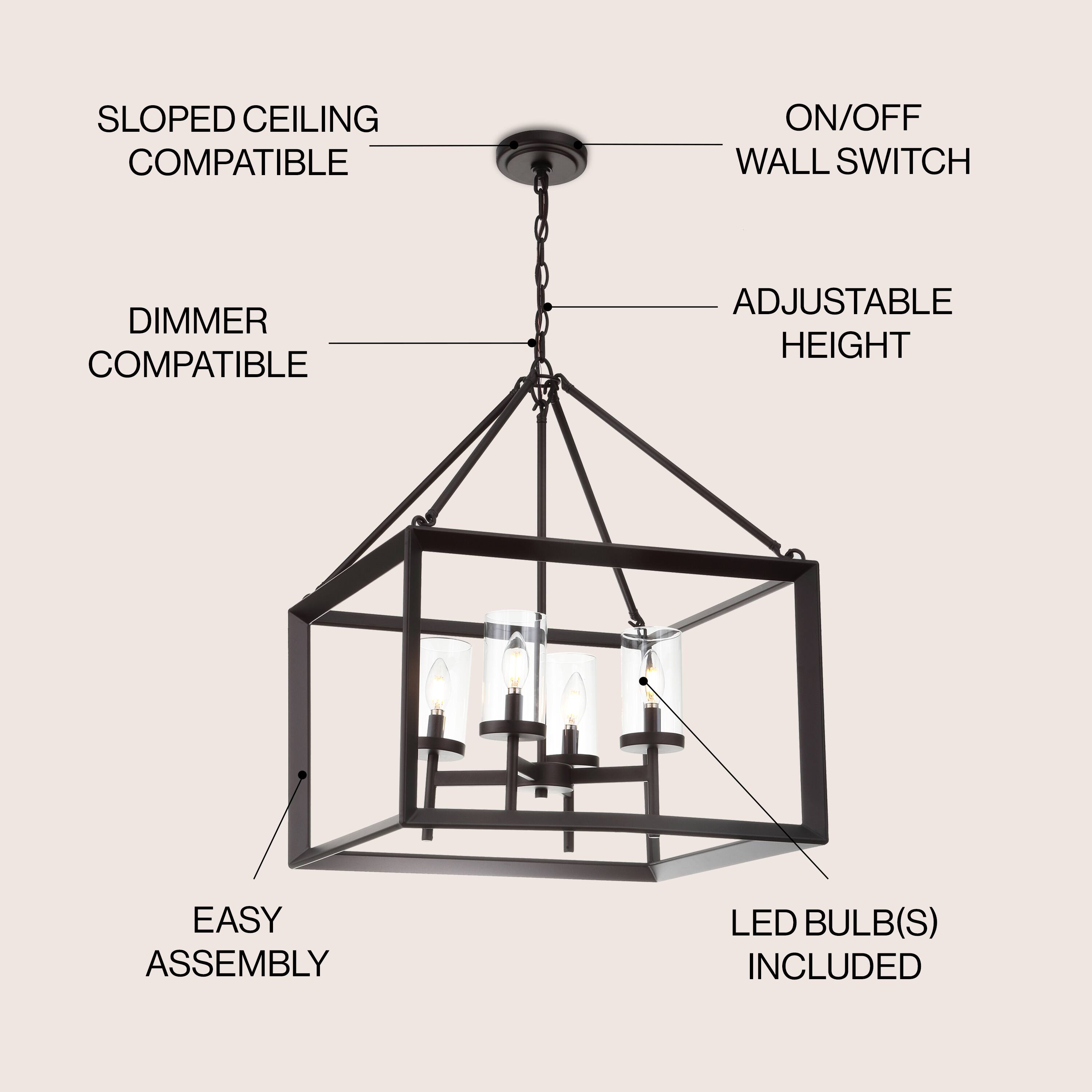 SLOPED CEILING COMPATIBLE  
ON/OFF WALL SWITCH  
DIMMER COMPATIBLE  
ADJUSTABLE HEIGHT  
EASY ASSEMBLY  
LED BULB(S) INCLUDED
