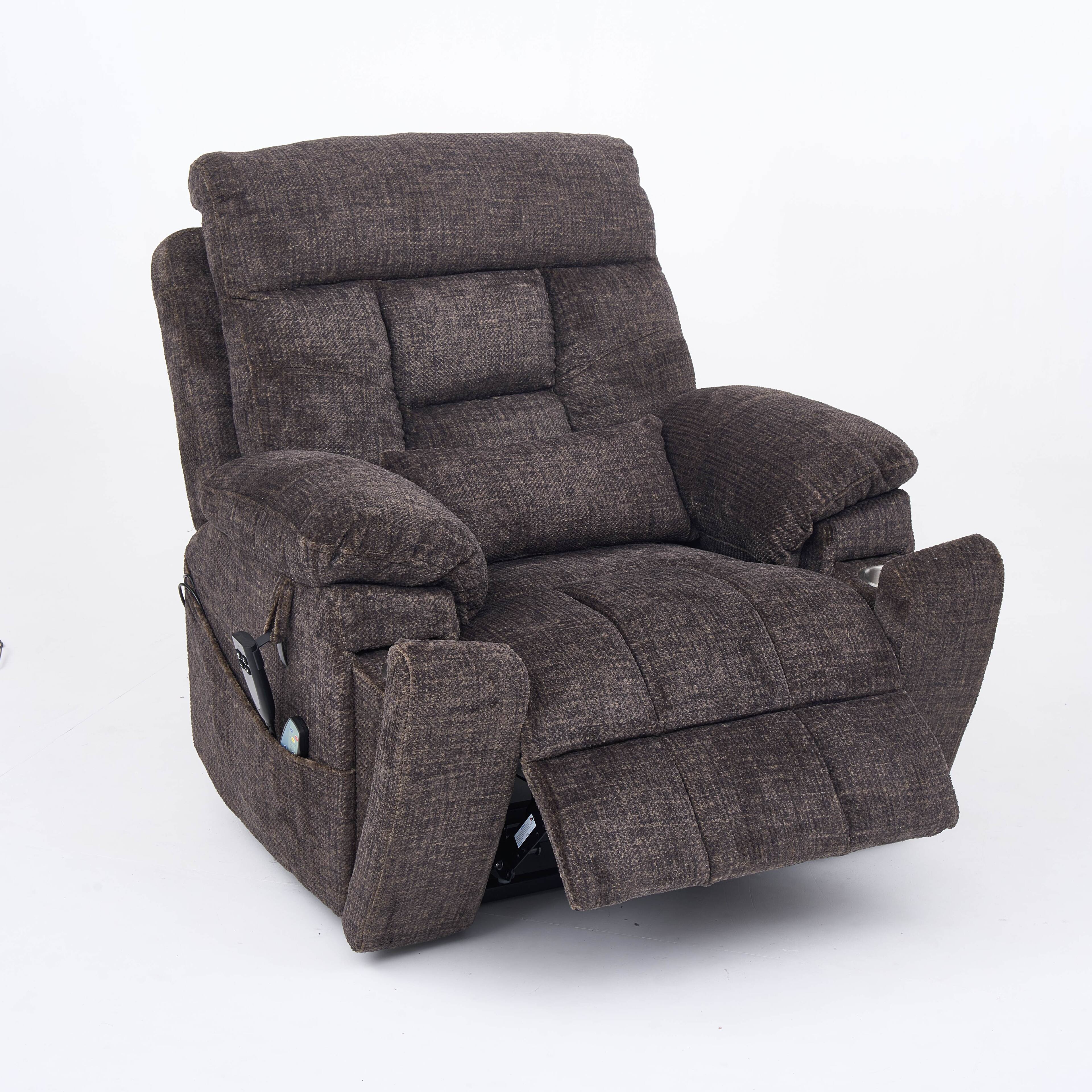 Front. APRILSOUL - Electric lift chair with heating and massage functions 180 degrees 2pocket cup holders 2remote controls dual OKIN motors - Brown.
