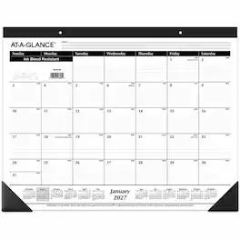 AT-A-GLANCE - Monthly Desk Pad, January 2027 - December 2027, Black/White Paper/Vinyl, 21 3/4" x 17" Desk Calendar