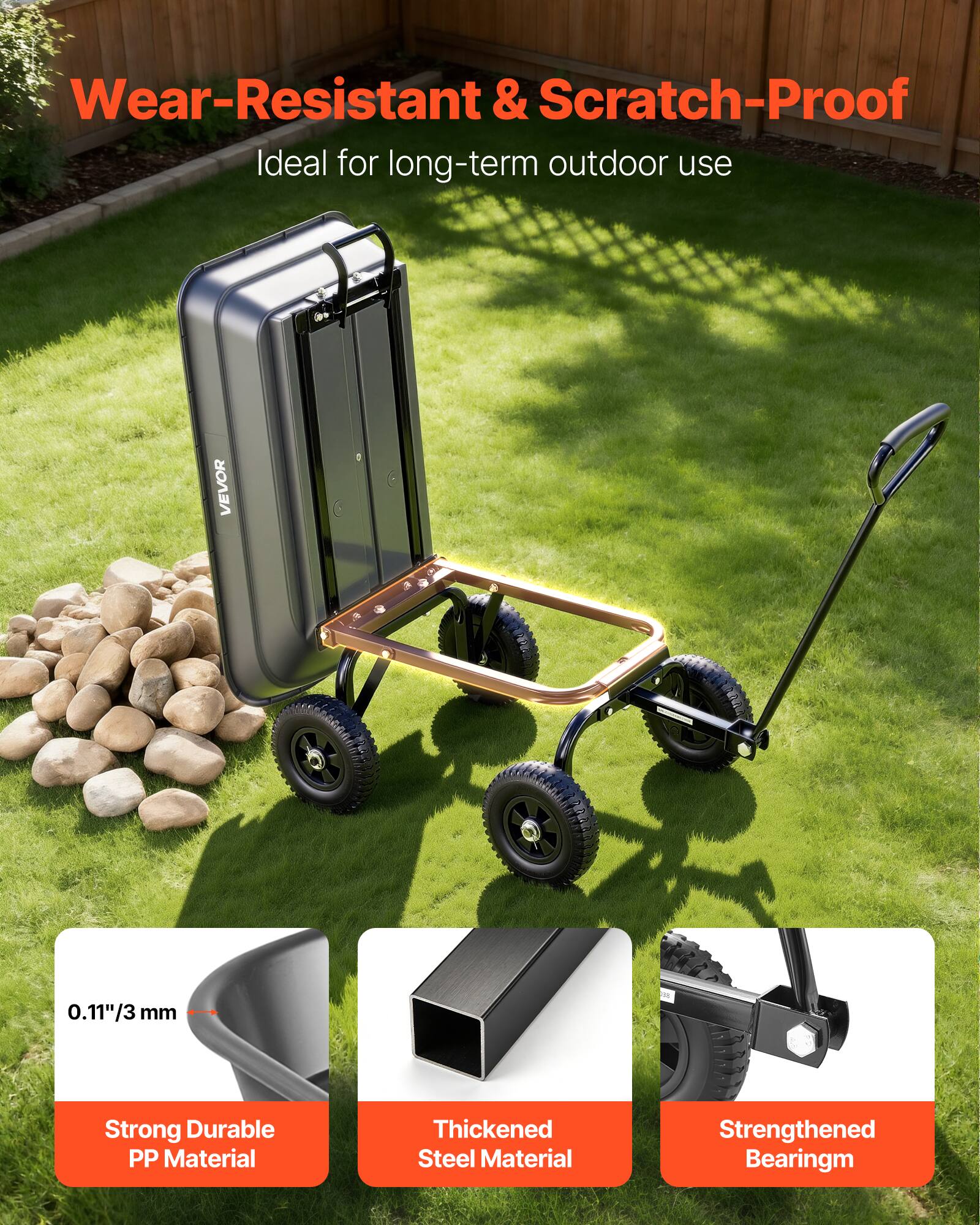 Wear-Resistant & Scratch-Proof  
Ideal for long-term outdoor use  

0.11"/3 mm  
Strong Durable PP Material  
Thickened Steel Material  
Strengthened Bearing