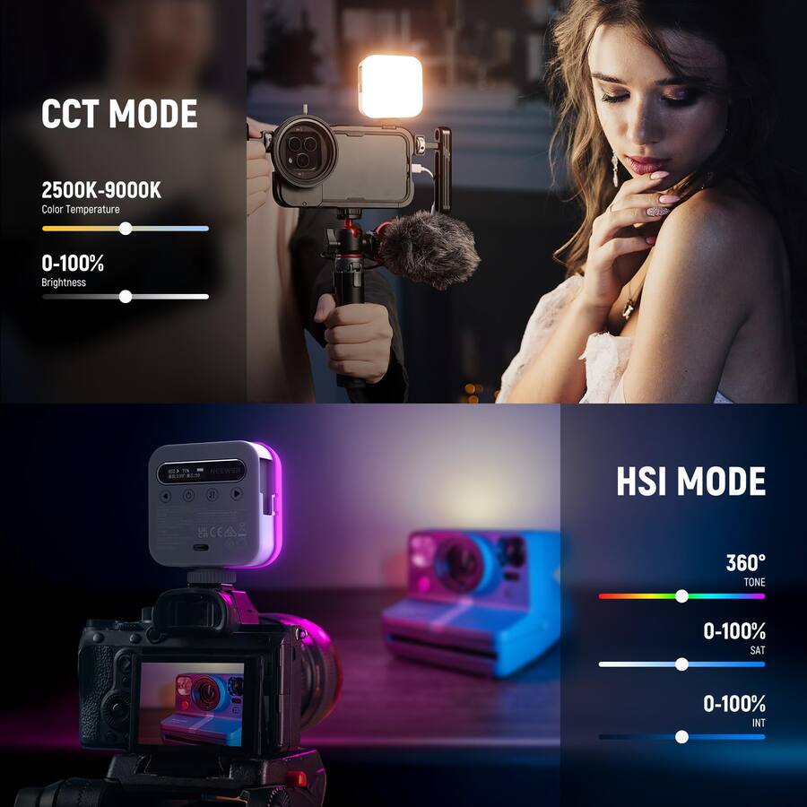 Handheld Camera Light Neewer Magnetic RGB Mini Camera Light 360° Full Color with 18 Scenes ...