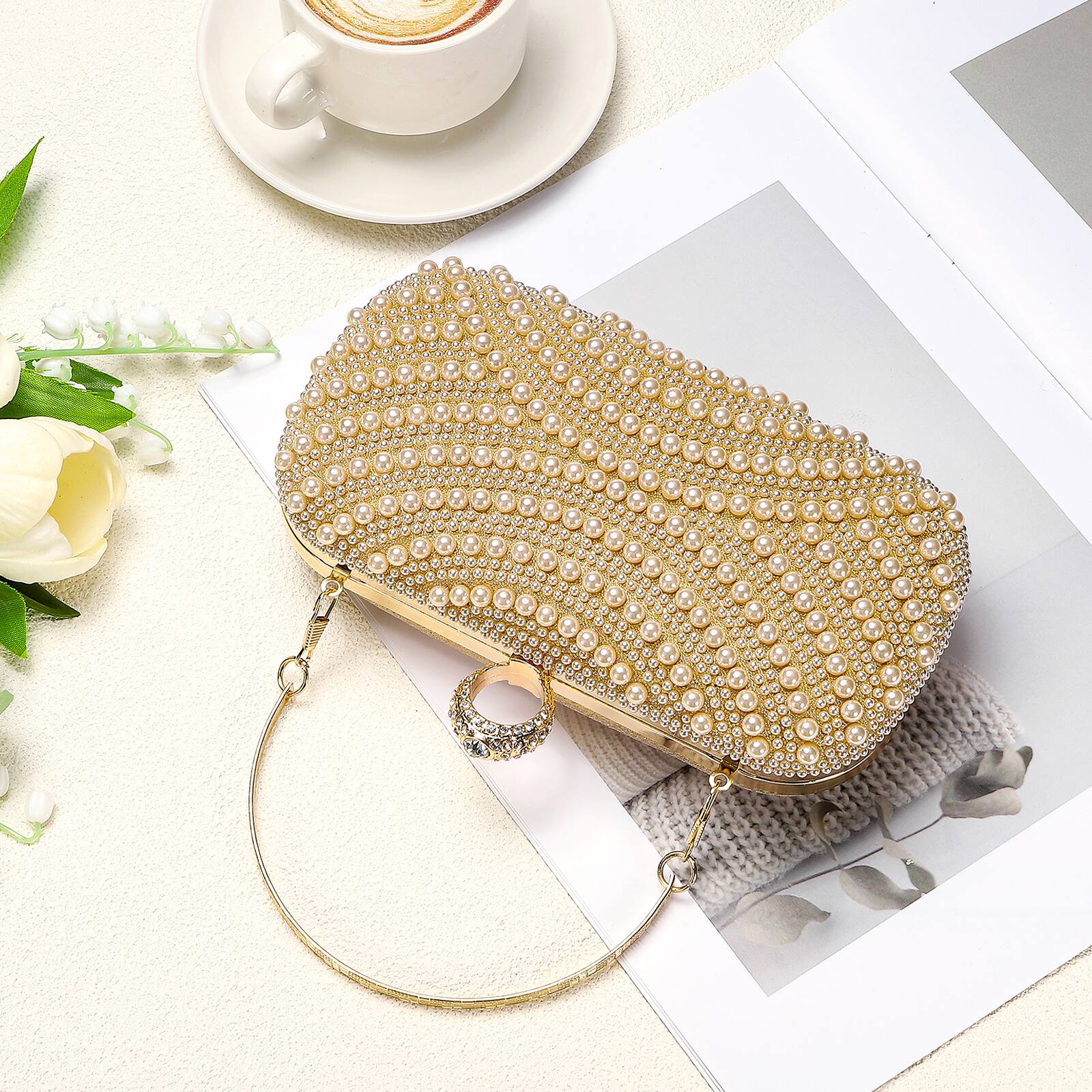 Alt View 5. Unique Bargains - Evening Clutch Purse for Women, Vintage Ring Beads Buckle Clasp Handbag for Bridal Wedding 1920s Party Crossbody - Gold.
