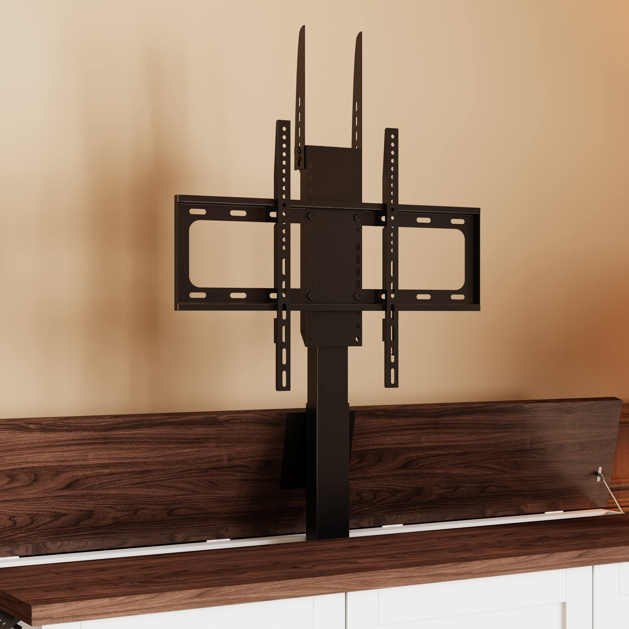 Alt View 2. Famapy - Electric Lift TV Cabinet with Storage – Adjustable Height, Hidden Power, Modern Living Room Furniture for 65" TVs - Brown & White.