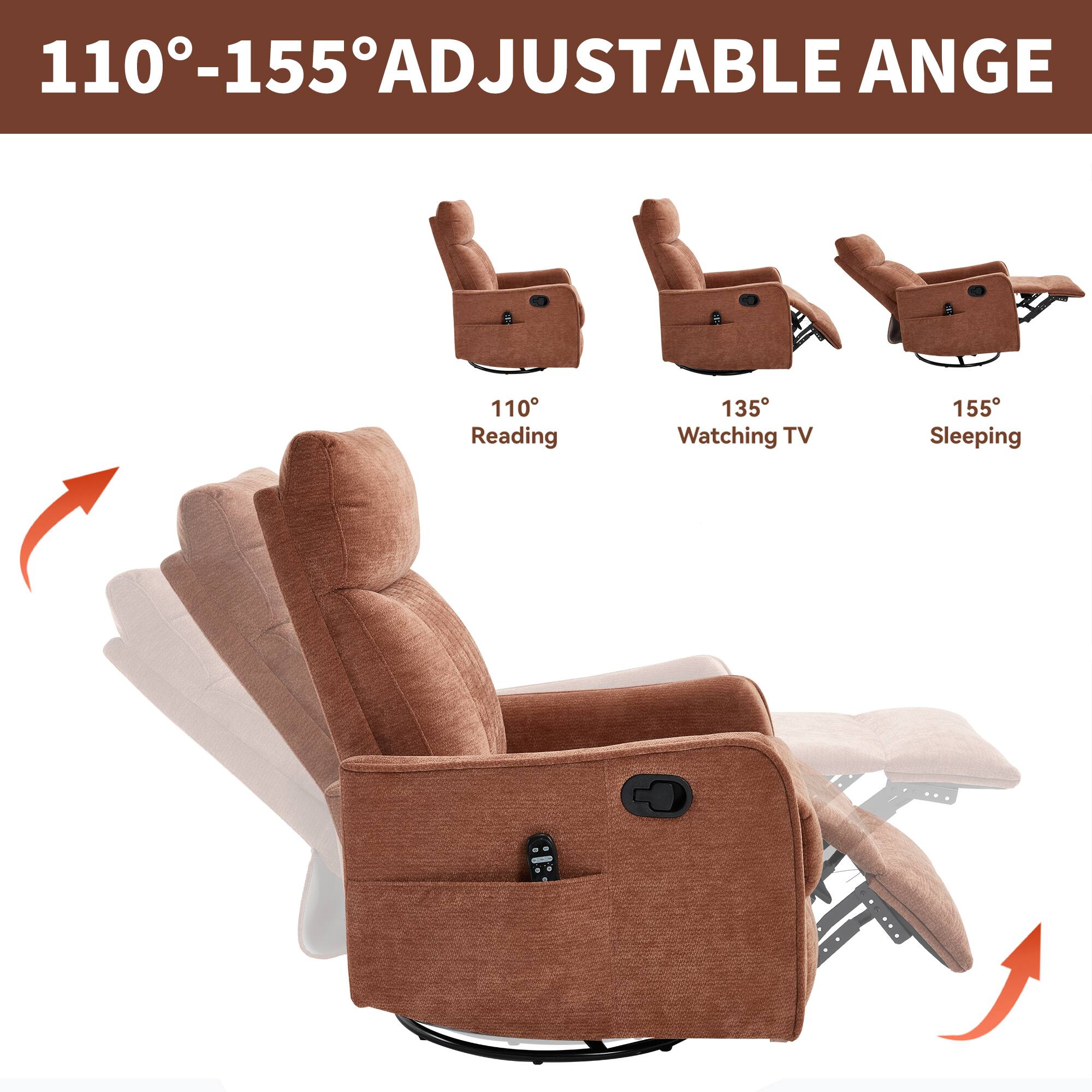 110°-155° ADJUSTABLE ANGLE

110° Reading  
135° Watching TV  
155° Sleeping