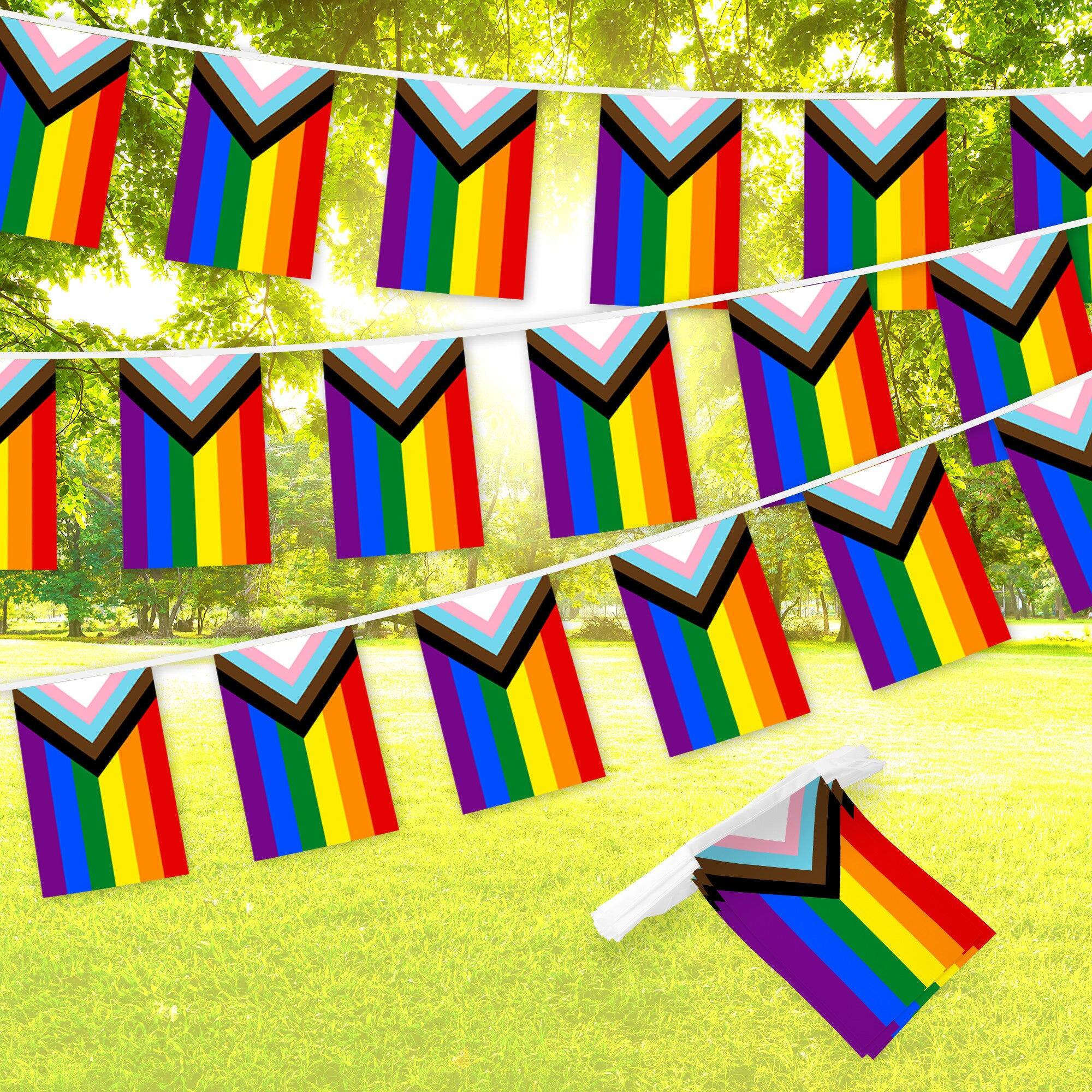G128 - LGBT Progress Pride Bunting Banner, 33 ft with 38 Mini Flags, 150D Polyester - Vivid colors
