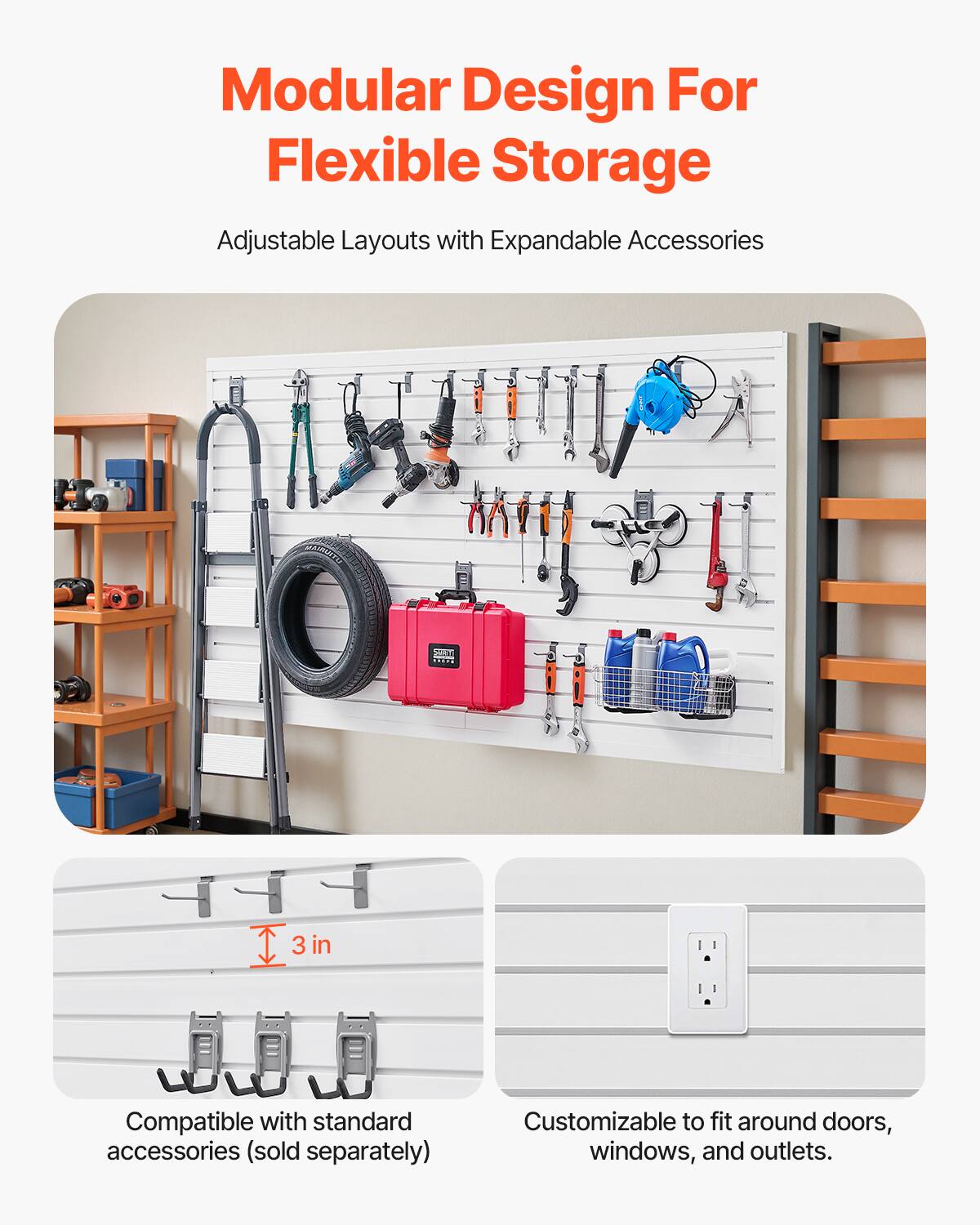 Modular Design For Flexible Storage

Adjustable Layouts with Expandable Accessories

Compatible with standard accessories (sold separately)

Customizable to fit around doors, windows, and outlets.
