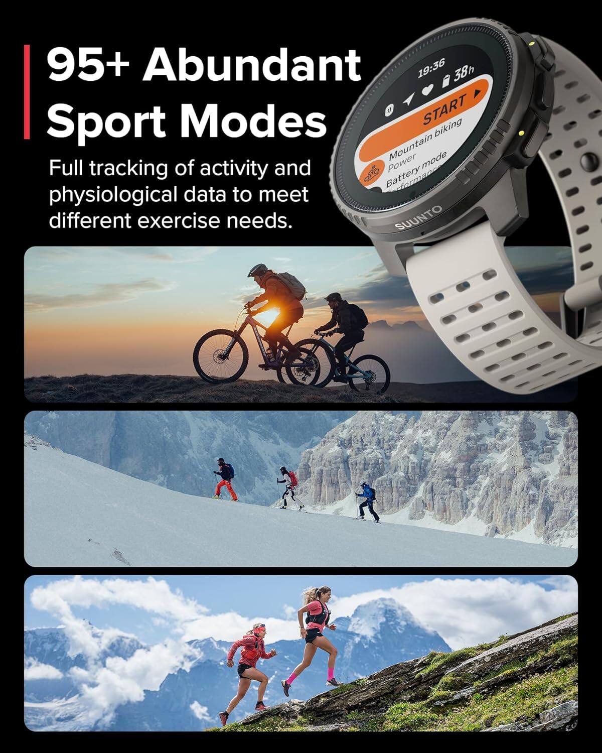 95+ Abundant Sport Modes

Full tracking of activity and physiological data to meet different exercise needs.

Mountain biking
Power mode
Battery performance