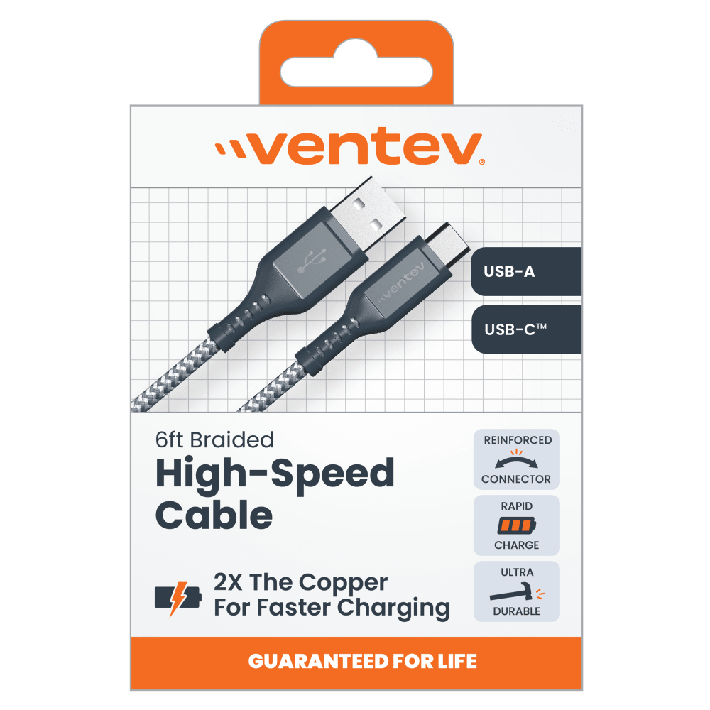 "ventev.
USB-A TM USB-C
6ft Braided REINFORCED High-Speed CONNECTOR RAPID Cable CHARGE
ULTRA 2X The Copper " For Faster Charging DURABLE
GUARANTEED FOR LIFE