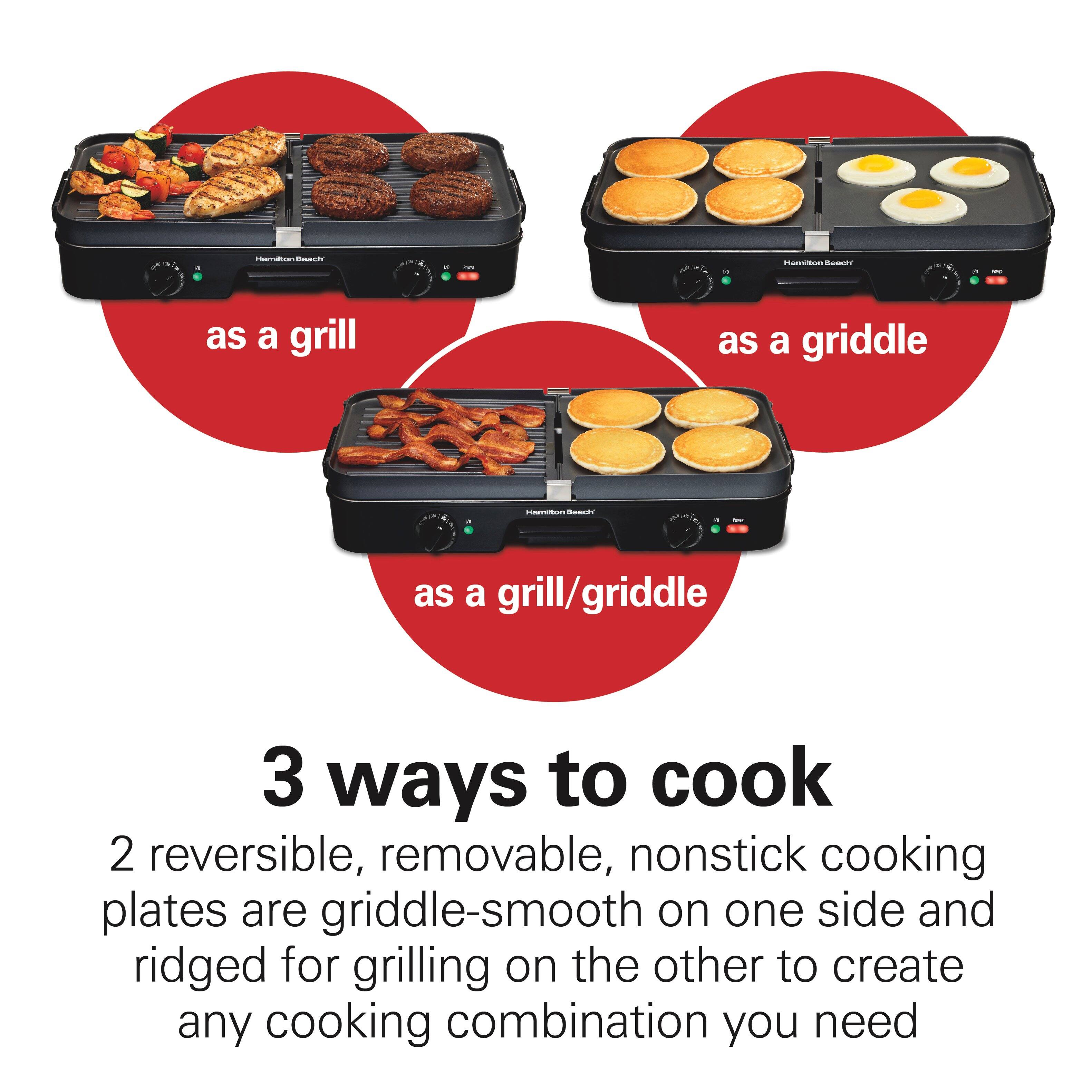 - Iarraonn
- as a grill
- as a griddle
- as a grill/griddle
- 3 ways to cook
- 2 reversible, removable, nonstick cooking plates are griddle-smooth on one side and ridged for grilling on the other to create any cooking combination you need