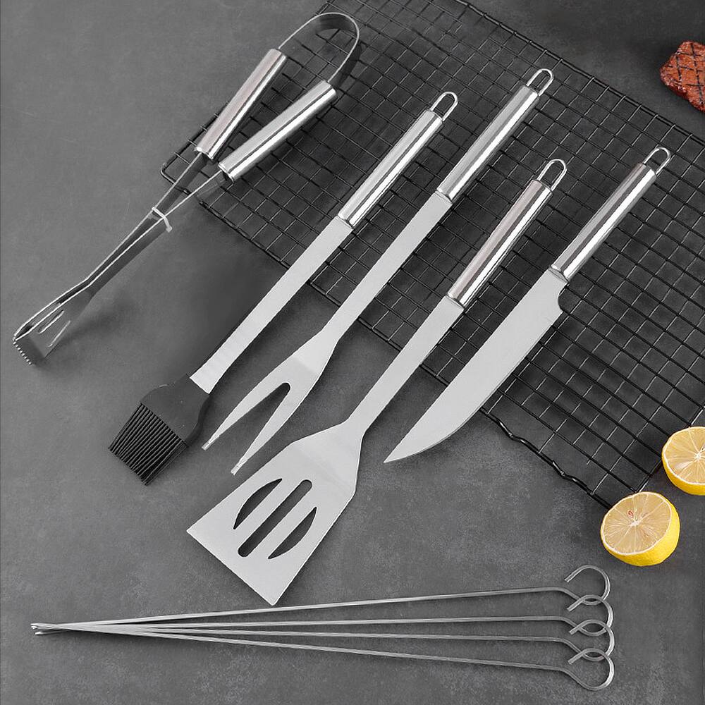 Angle. MOVSSOU - BBQ Grill Tools Set Stainless Steel with Case 9 Pcs - silver.