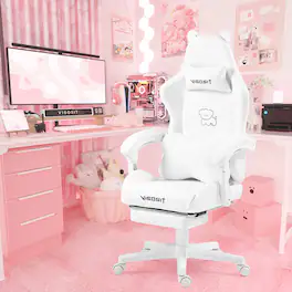 PexFix - Kawaii Gaming Chair for Girls, Reclining PC Chair with Cute Ears, Footrest & Lumbar Support - White