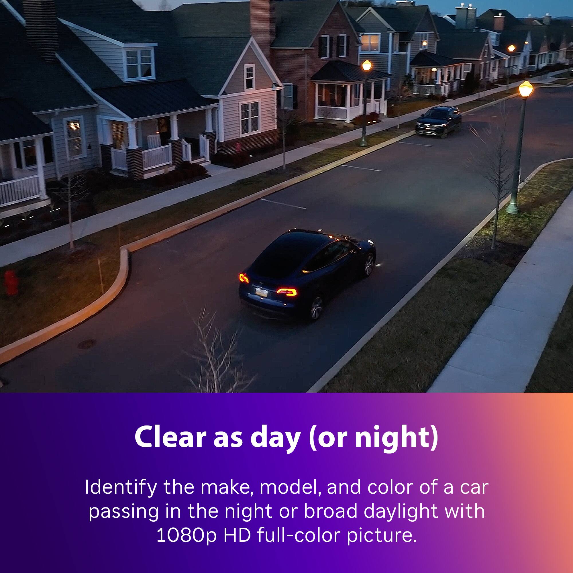 Clear as day (or night) Identify the make, model, and color of a car passing in the night or broad daylight with a 1080p HD full-color picture.