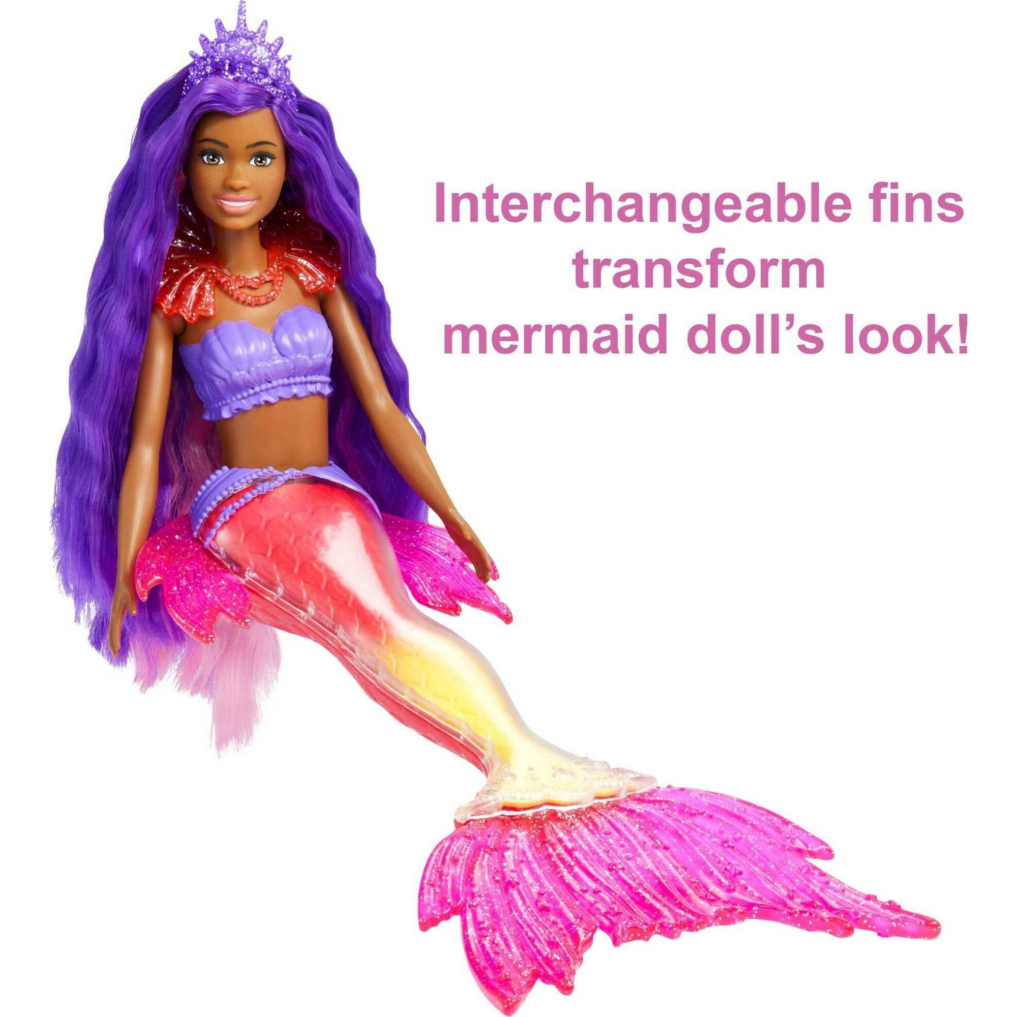 Interchangeable fins transform mermaid doll's look!
