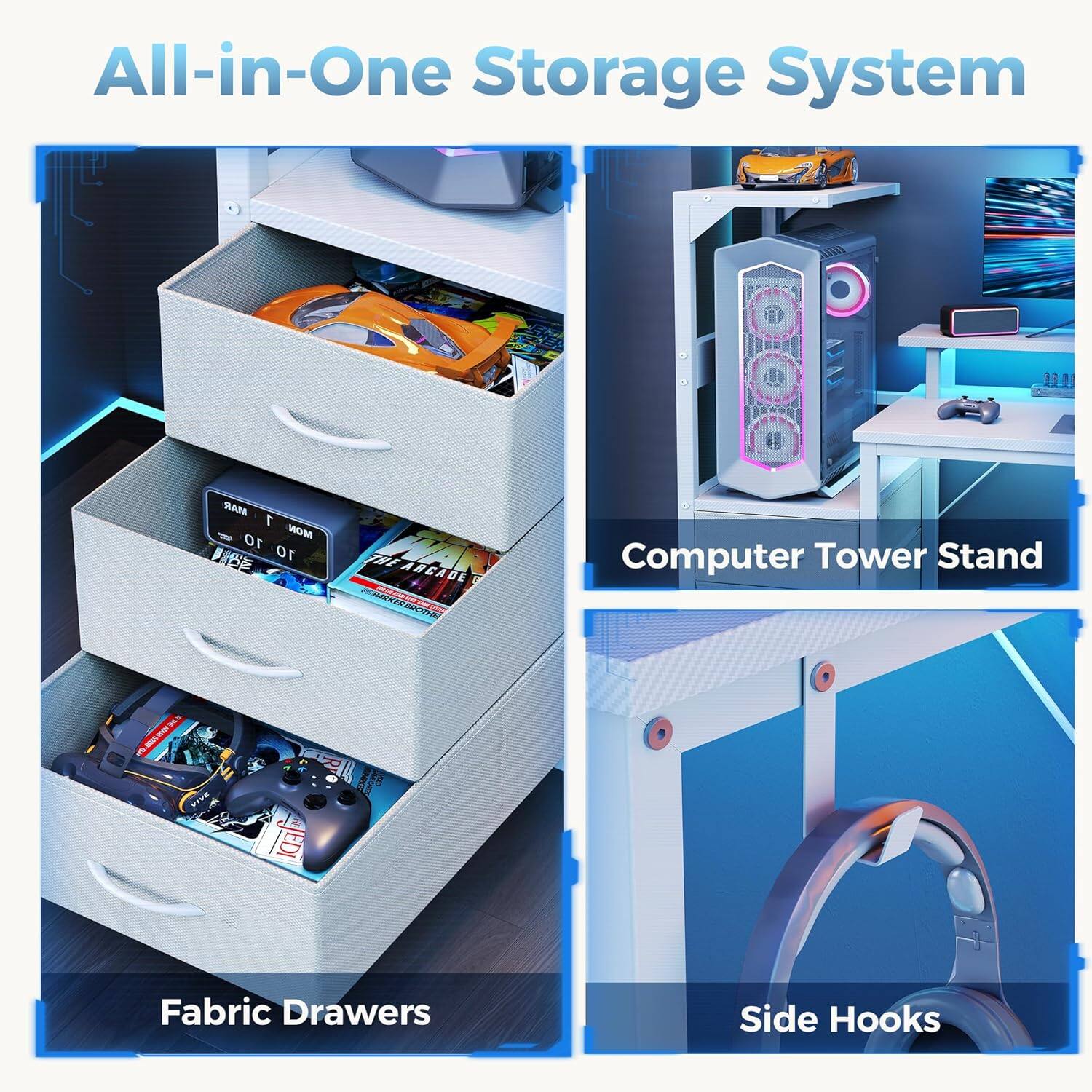 All-in-One Storage System

- Fabric Drawers
- Computer Tower Stand
- Side Hooks