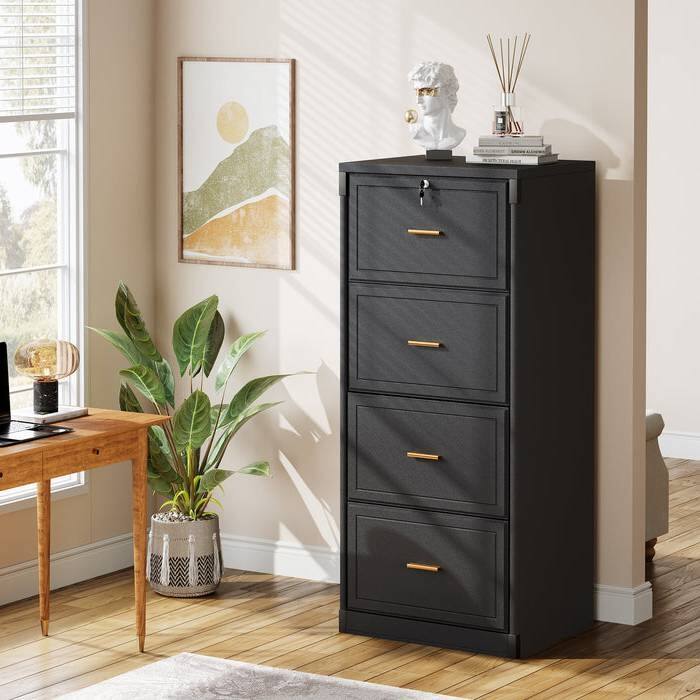 Angle. SlickBlue - Office File Cabinet – 4 Lockable Drawers in Wood Finish Vertical Design - Black.