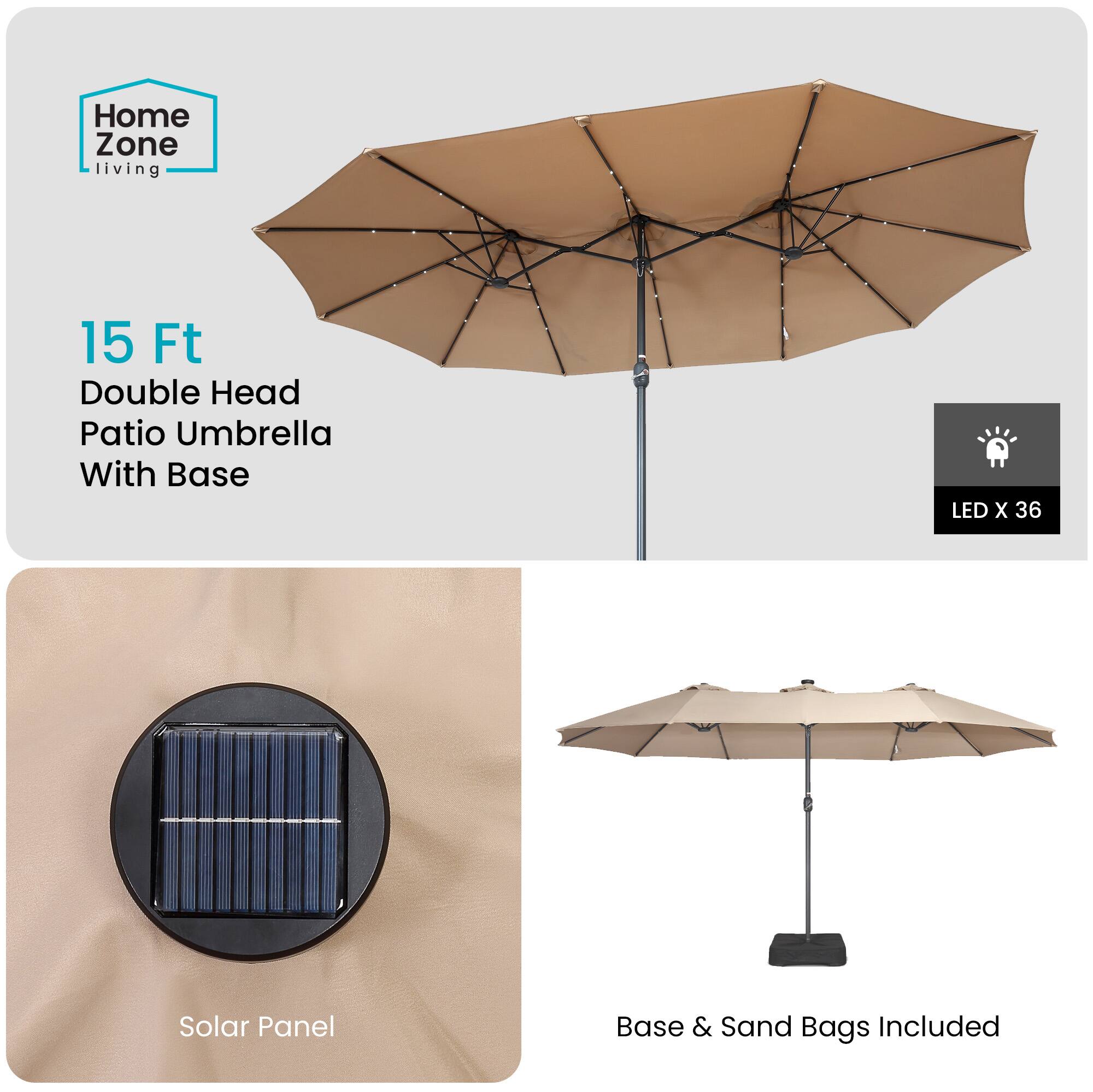 Home Zone Living 15 Ft Double Head Patio Umbrella With Base LED X 36 Solar Panel Base & Sand Bags Included