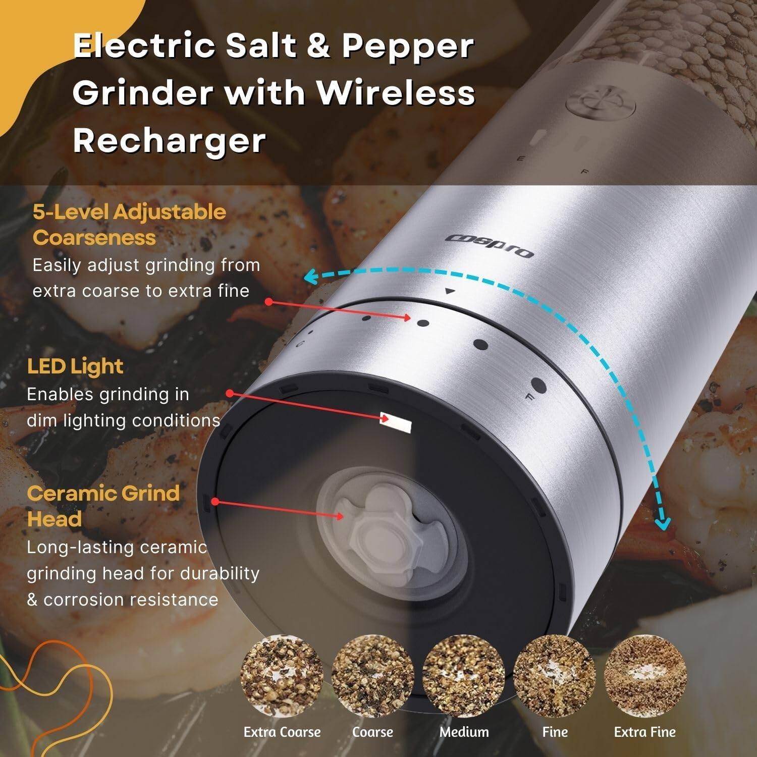 Electric Salt & Pepper Grinder with Wireless Recharger

5-Level Adjustable Coarseness  
Easily adjust grinding from extra coarse to extra fine

LED Light  
Enables grinding in dim lighting conditions

Ceramic Grind Head  
Long-lasting ceramic grinding head for durability & corrosion resistance

Extra Coarse  
Coarse  
Medium  
Fine  
Extra Fine