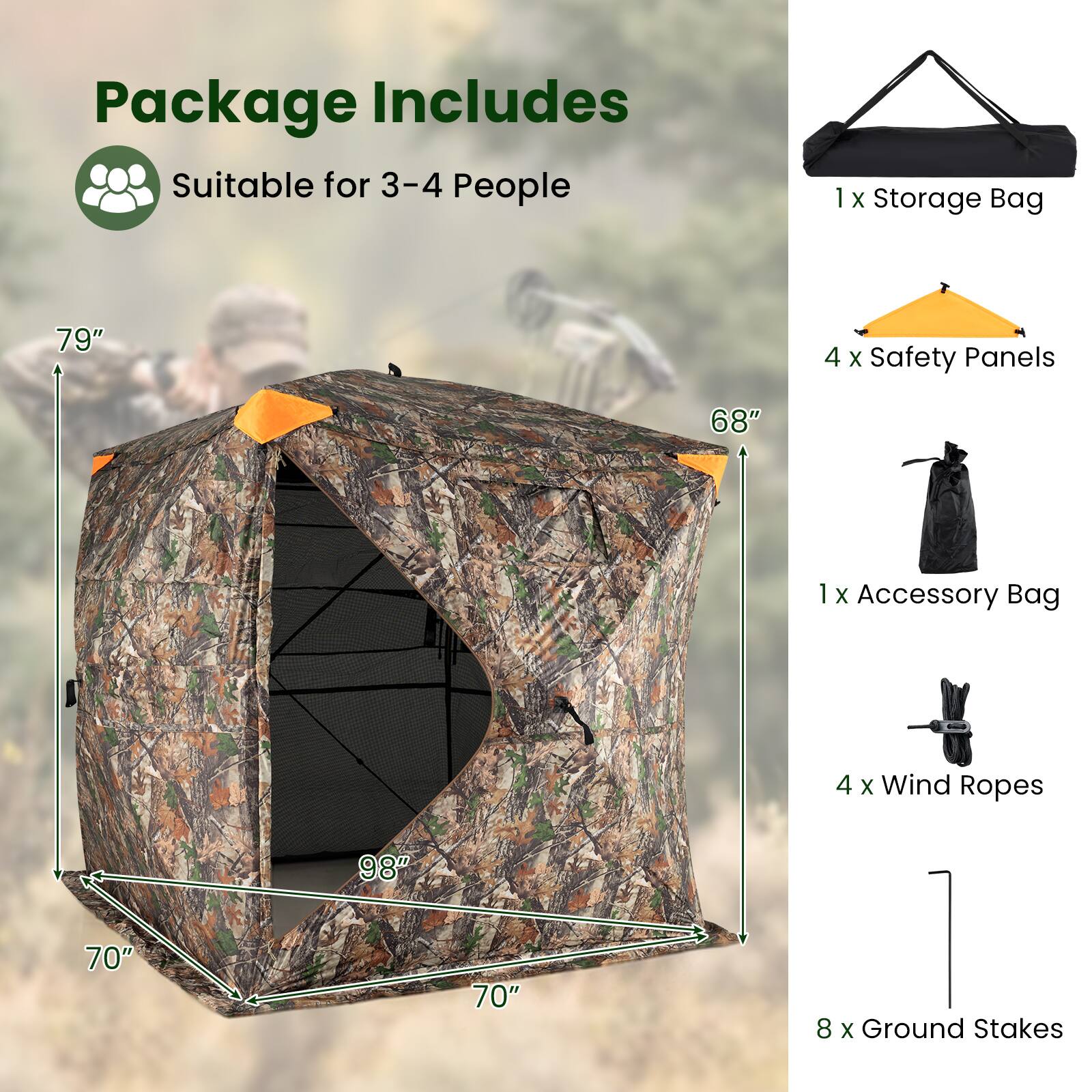 Package Includes  
Suitable for 3-4 People  
1 X Storage Bag 79"  
4 x Safety Panels 68"  
1 X Accessory Bag  
4 X Wind Ropes 98" 70" 70"  
8 X Ground Stakes