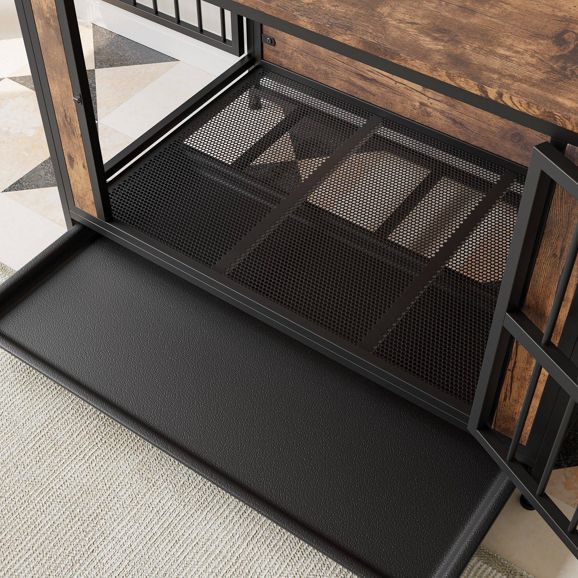 Angle. Pefilos - 38" Dog Crate Furniture, Wooden Dog Kennel with 2 Sliding Doors and Thick Iron Door Frame, Dog Cage for Small Dogs.