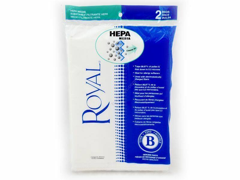 **EPA MEDIA SUBSTANCE FILTRANTE HEPA MEDIO FILTRANTE HEPA BAGS 2 BOLSA SACS PA MEDIA AR**

**Cleaner Air**

- Traps 99.97% of pollen & dust down to 0.3 microns
- Ideal for allergy sufferers
- Lined with electrostatically charged fibers

**HEPA MEDIA**

- Retient 99,97 % de la poussière et du pollen d'au moins 0,3 micromètre
- Idéal pour les personnes souffrant d'allergies
- Recouvert de fibres chargées électrostatiquement

**ROYAL**

- Retient 99,97 % de la poussière et du pollen d'au moins 0,3 micromètre
- Idéal pour les personnes souffrant d'allergies
- Recouvert de fibres chargées électrostatiquement

**TIPO B**

**GENUINE PARTS / PIECES DE RECHANGE / PIEZAS GENUINAS**