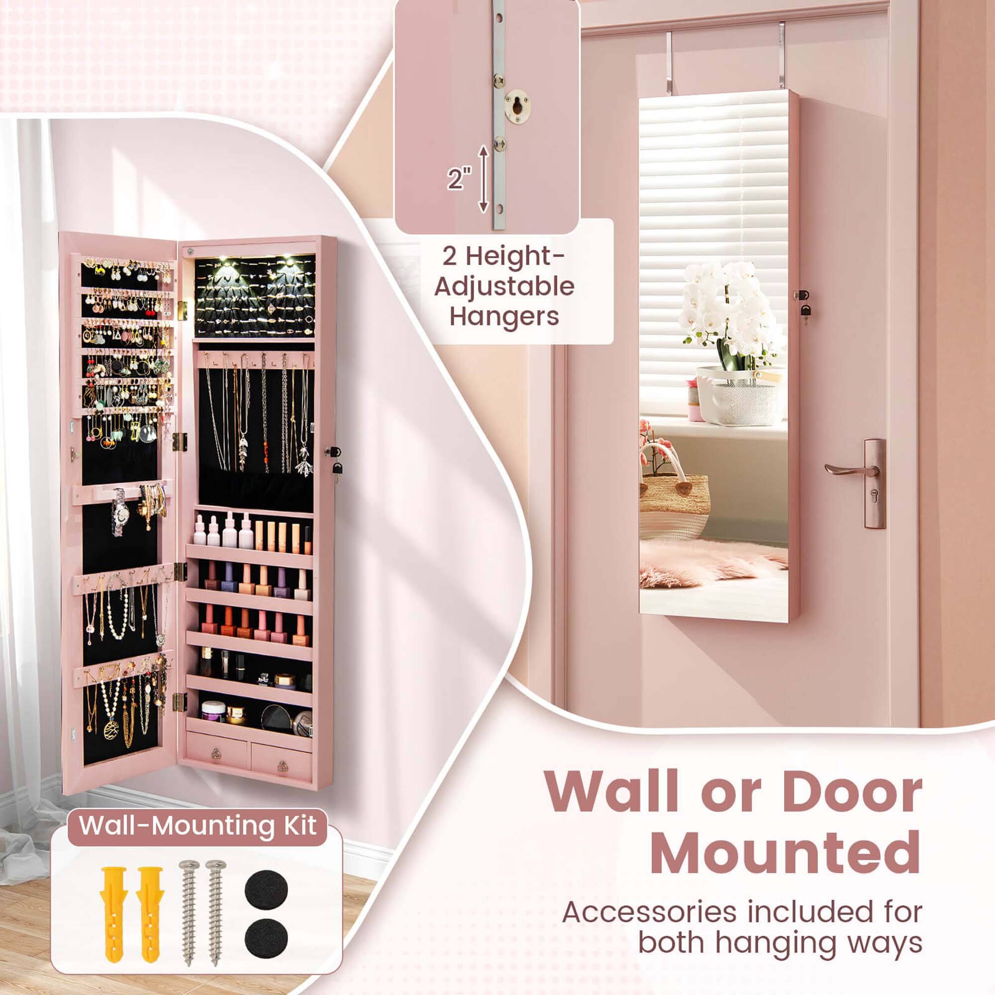 The image features a pink closet with a hanging organizer and a wall-mounting kit. The organizer is designed to hold various accessories, and the kit includes adjustable hangers for both hanging ways. The closet also has a window, and there are two pink doors. The image showcases the versatility of the hanging organizer and wall-mounting kit, making it a practical and stylish addition to any closet.
