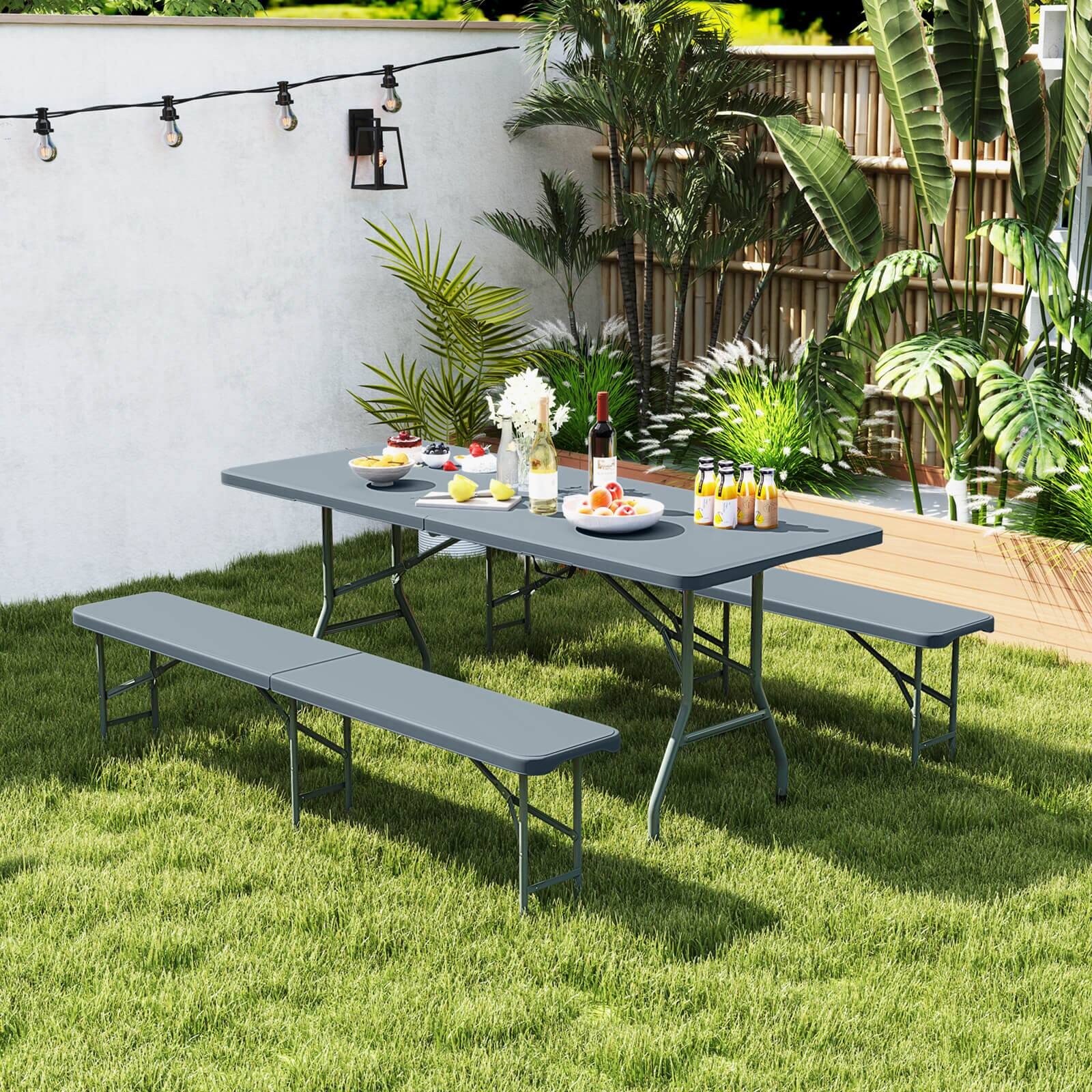 Alt View 3. Gymax - Gymax 3 PCS Folding Picnic Table Set w/ 6 ft Table & 2 Benches HDPE Tabletop Bench Top Gray - Gray.