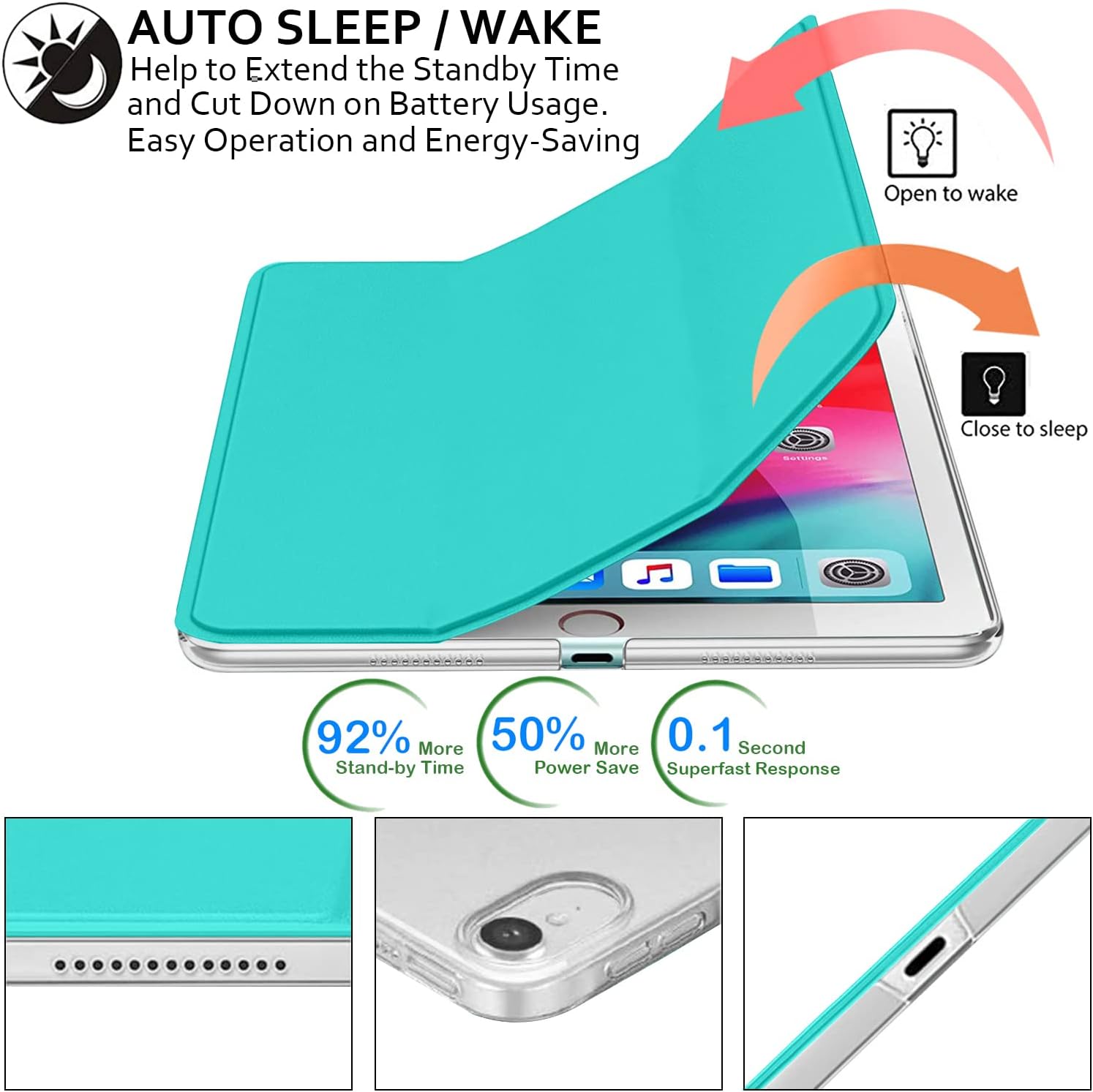 AUTO SLEEP / WAKE  
Help to Extend the Standby Time and Cut Down on Battery Usage.  
Easy Operation and Energy-Saving

Open to wake  
Close to sleep

92% More Stand-by Time  
50% More Power Save  
0.1 Second Superfast Response