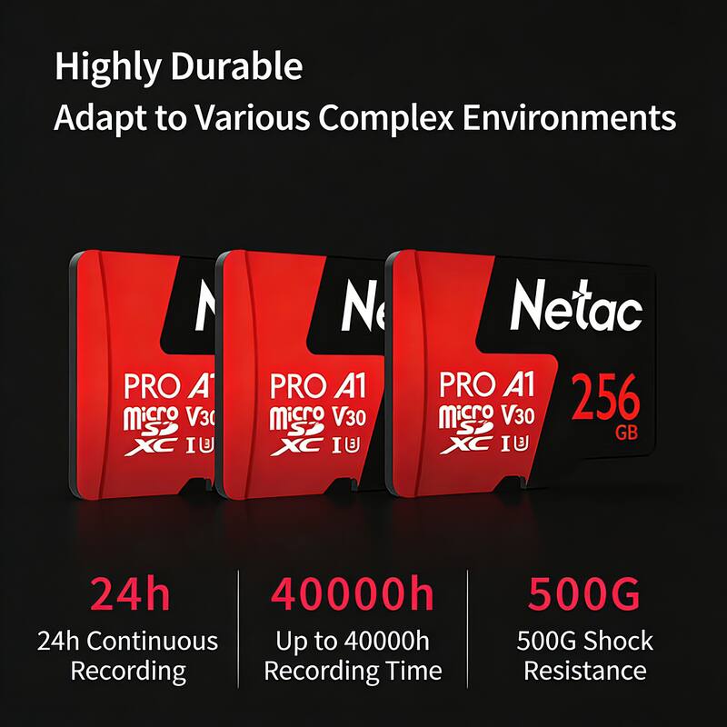 Highly Durable  
Adapt to Various Complex Environments  

Netac PRO A1 Micro V30 XC I U  
256 GB  

24h Continuous Recording  
Up to 40000h Recording Time  
500G Shock Resistance
