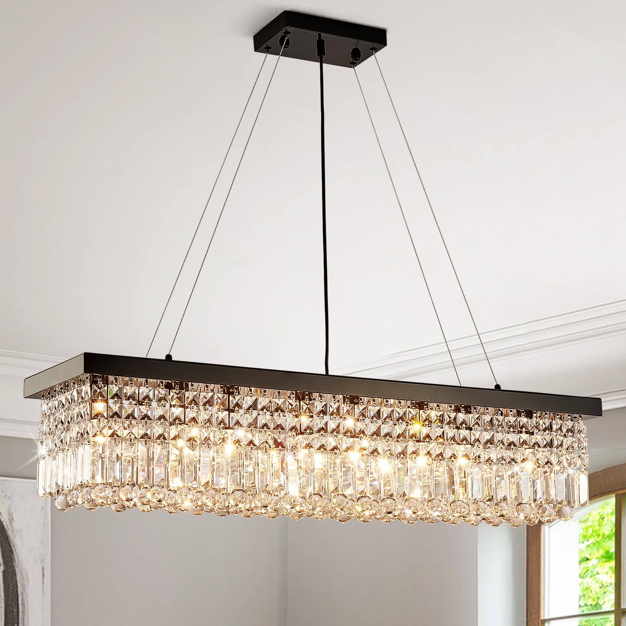 Alt View 7. Siljoy - 39.4" 8-Light Black Rectangular K9 Crystal Pendant, Adjustable Kitchen Island Chandelier for Dining Entryway - Black.