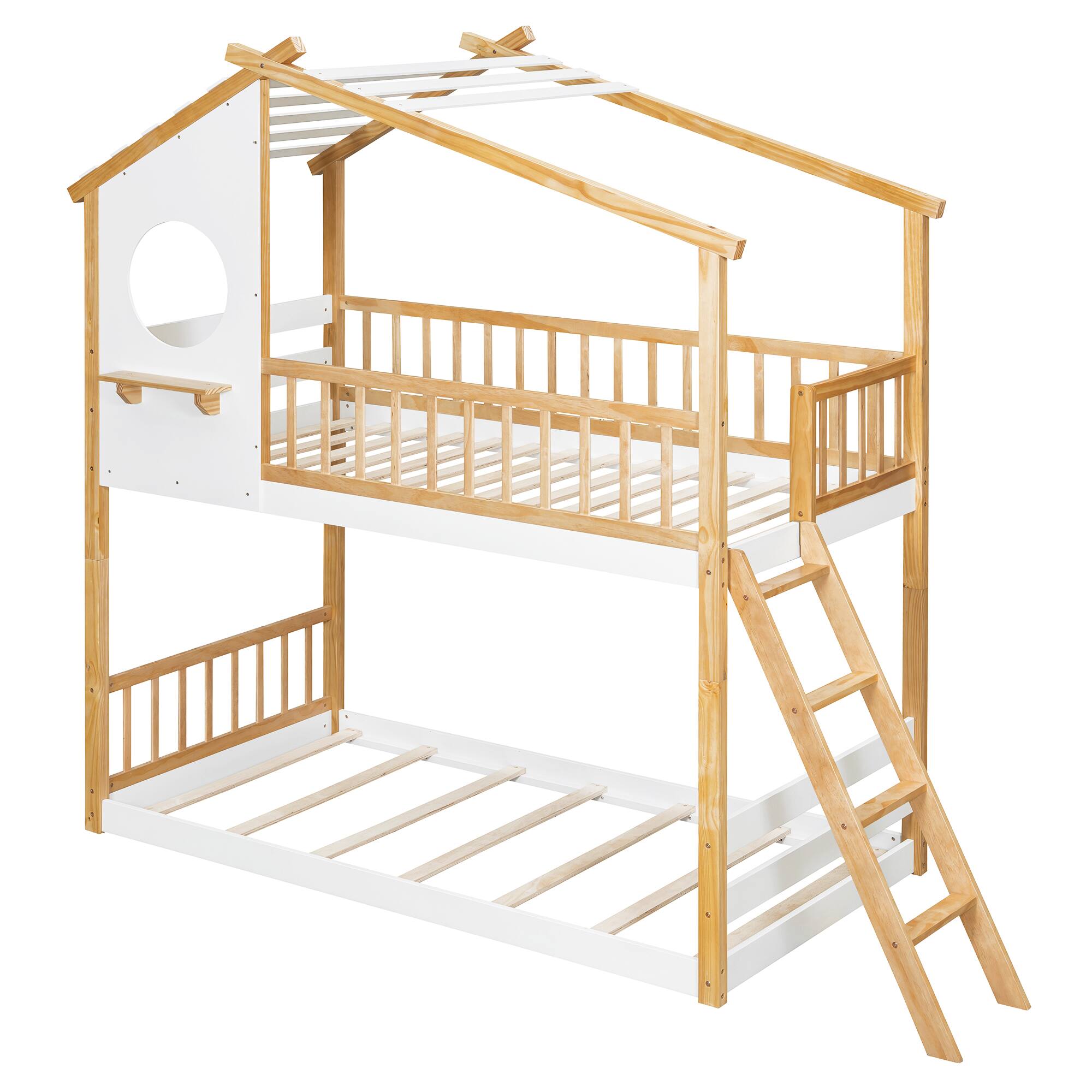 Left. Aukfa - Twin Over Twin Bunk Bed Wood Bed with Roof, Window, Ladder - White.