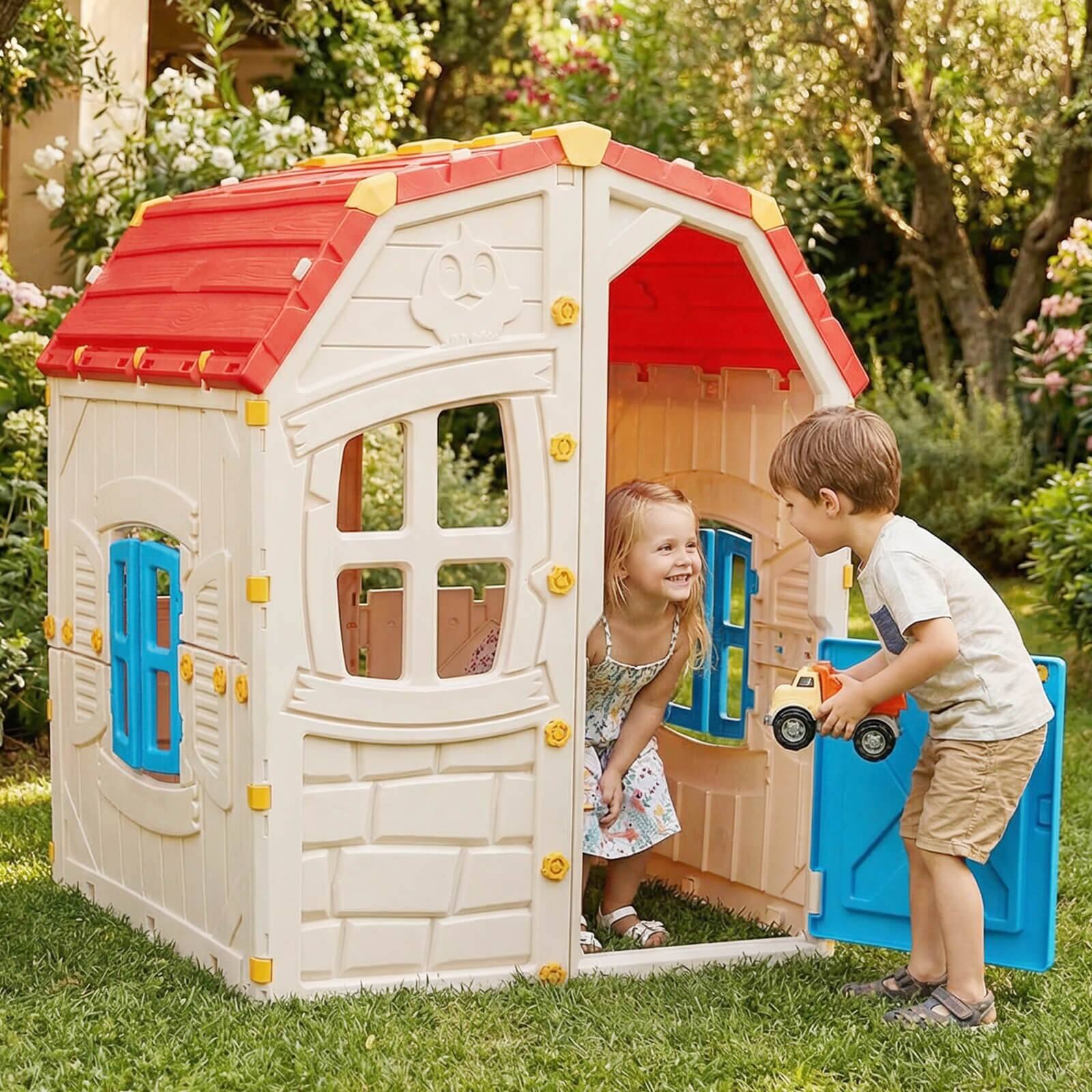 Alt View 4. Costway - Costway Outdoor Kids Playhouse with Openable Door Windows for Home Backyard for Ages 2+ - Multicolor.