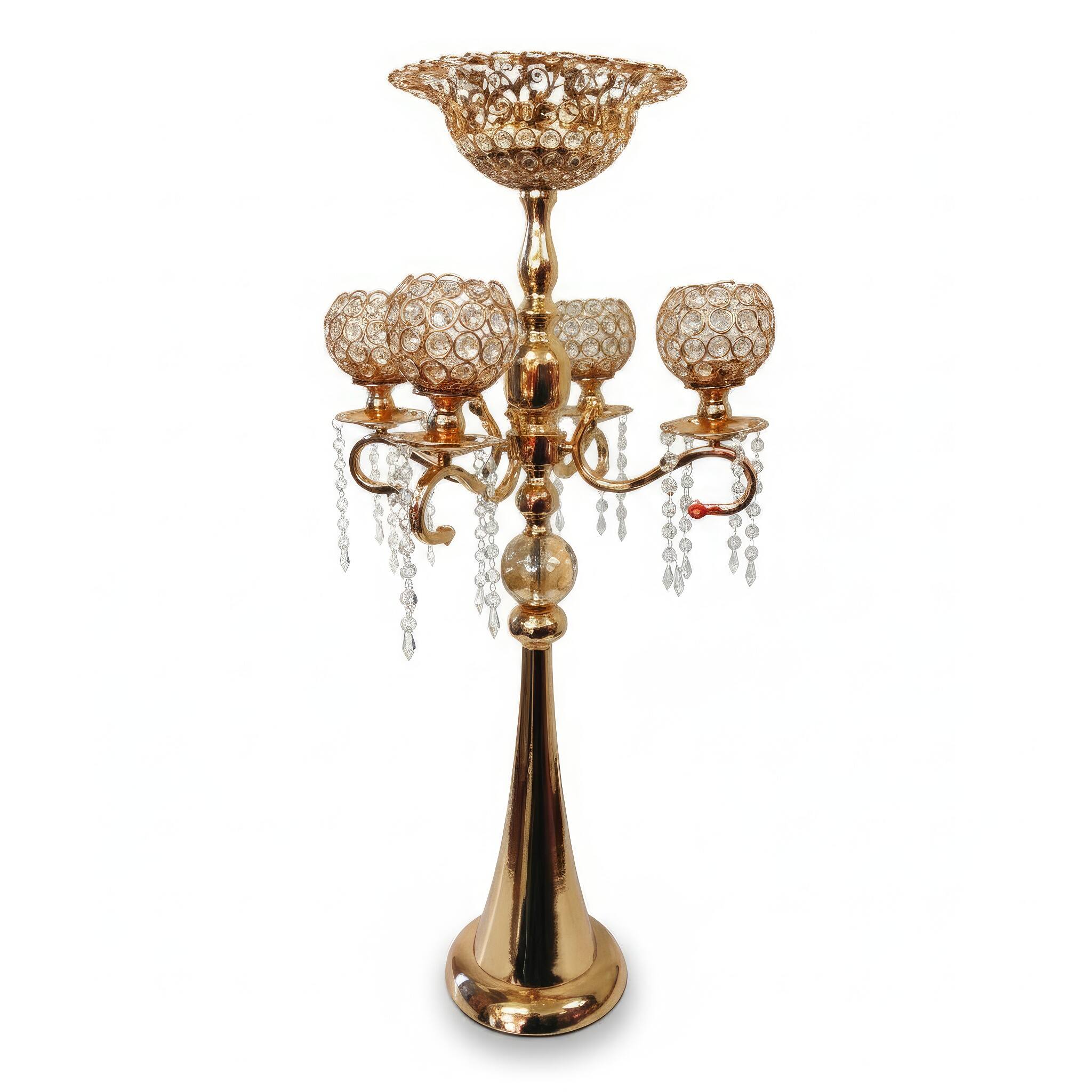 Angle. FC Design - 36"H Gold Five-Arm Scroll Frame w/ Filigree Cups Candle Holder - Multicolor.