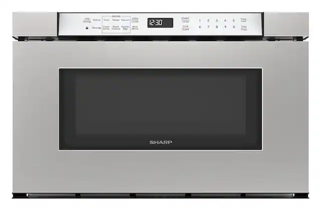 - SENSOR
- Reheat
- Popcorn
- Cook
- Defrost
- Beverage
- Frozen
- Baked Potatoes
- Steamer Bag
- More Minutes
- OPEN
- CLOSE
- Help
- Settings
- START
- -30 SEC
- STOP
- CLEAR
- Power Level
- Timer
- Clock
- 12:30
- 1 2 3 4 5 6 7 8 9 0
- SHARP