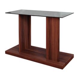 Manhattan Lane - Liam 47 Inch Sofa Console Table, Brown Wood, Pedestal Base, Black Glass Top - Brown, Black
