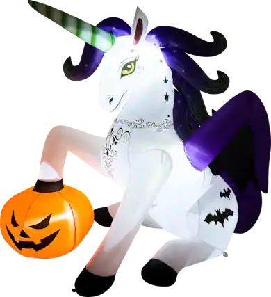Front. GOOSH Inflatables - GOOSH 6FT Inflatable Halloween Unicorn with Pumpkin – Light-Up Yard Decoration - White.