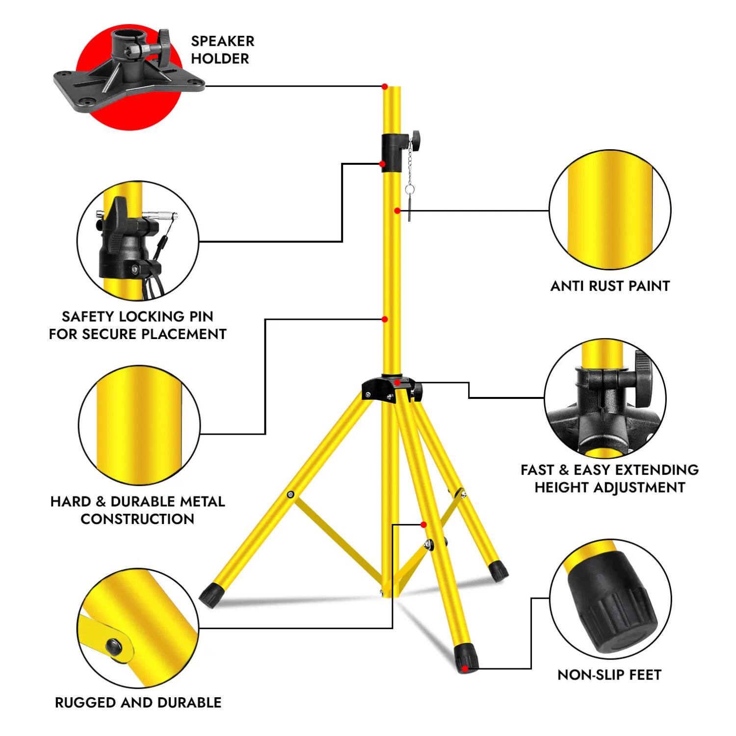 - Speaker Holder
- Anti Rust Paint
- Safety Locking Pin for Secure Placement
- Hard & Durable Metal Construction
- Fast & Easy Extending Height Adjustment
- Non-Slip Feet
- Rugged and Durable