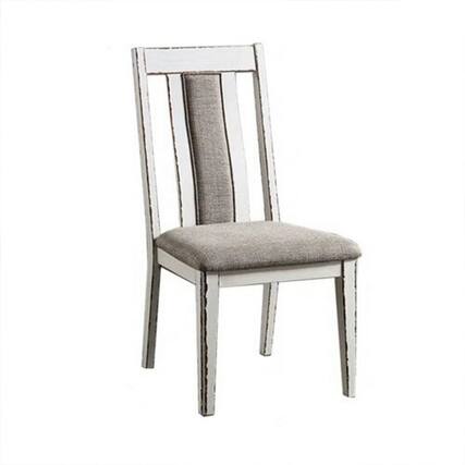 Front. Manhattan Lane - 24 Inch Dining Side Chair Set of 2, Rustic White Wood, Gray Fabric Seat - White, Gray.