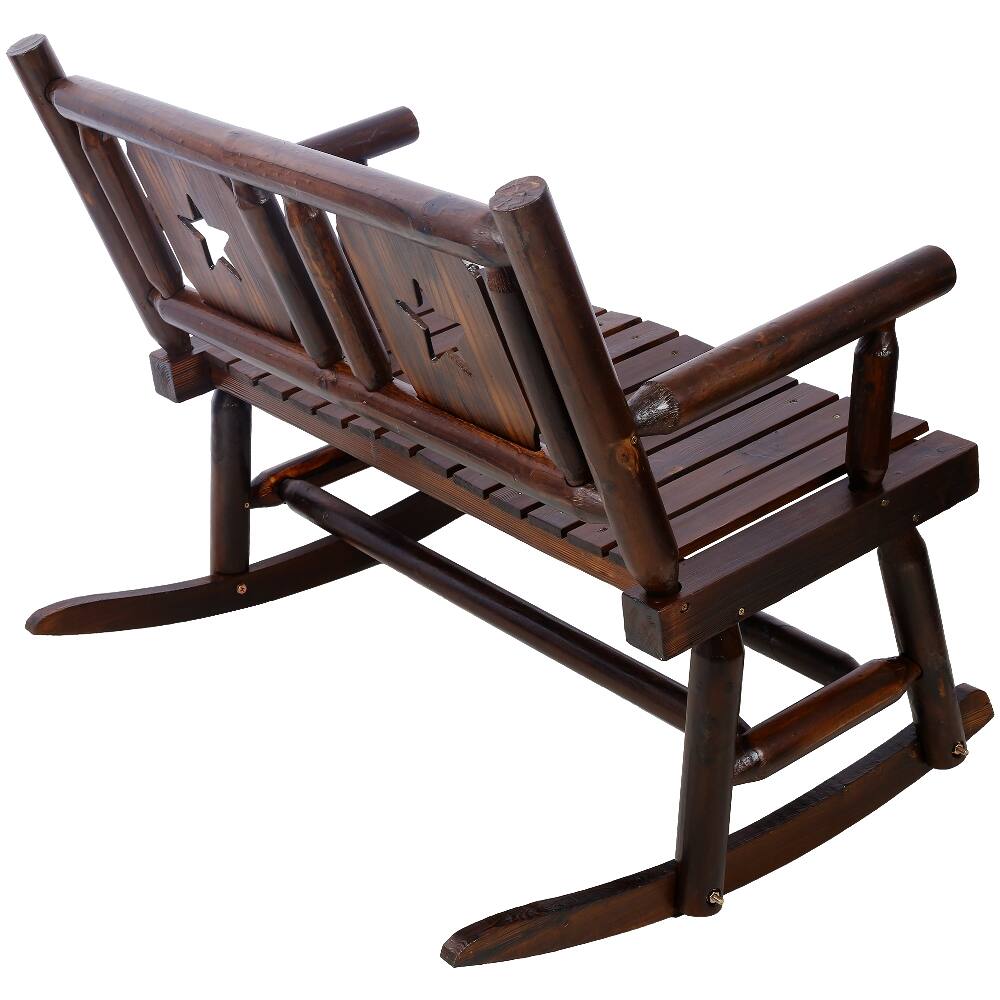 Alt View 4. Loheer - Loheer Outdoor Wood Rocking Bench, Carbonized Double Rocking Chair, Rustic Brown Porch Rocker - Rustic Brown.