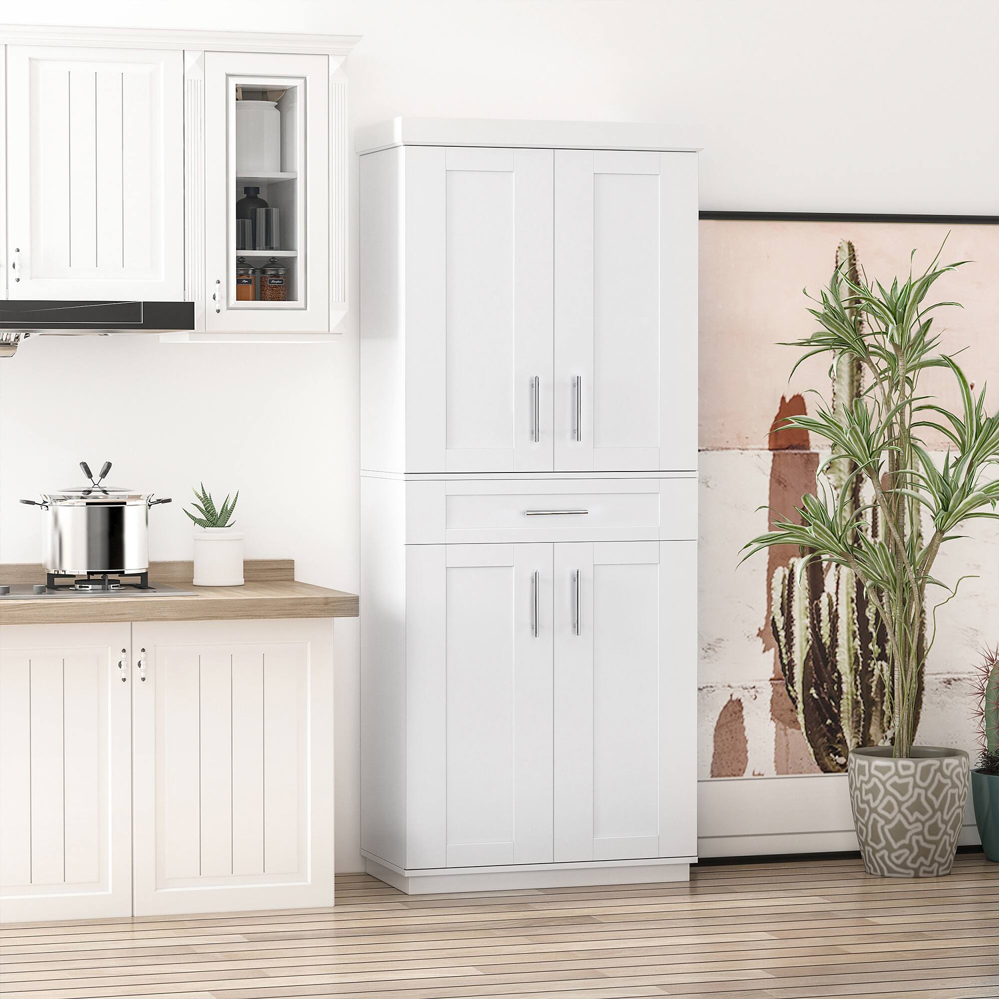 Alt View 3. Homcom - 72" Kitchen Pantry Cabinet, Freestanding Tall Storage Cabinet with 4 Doors, Drawer and 3 Adjustable Shelves - White.