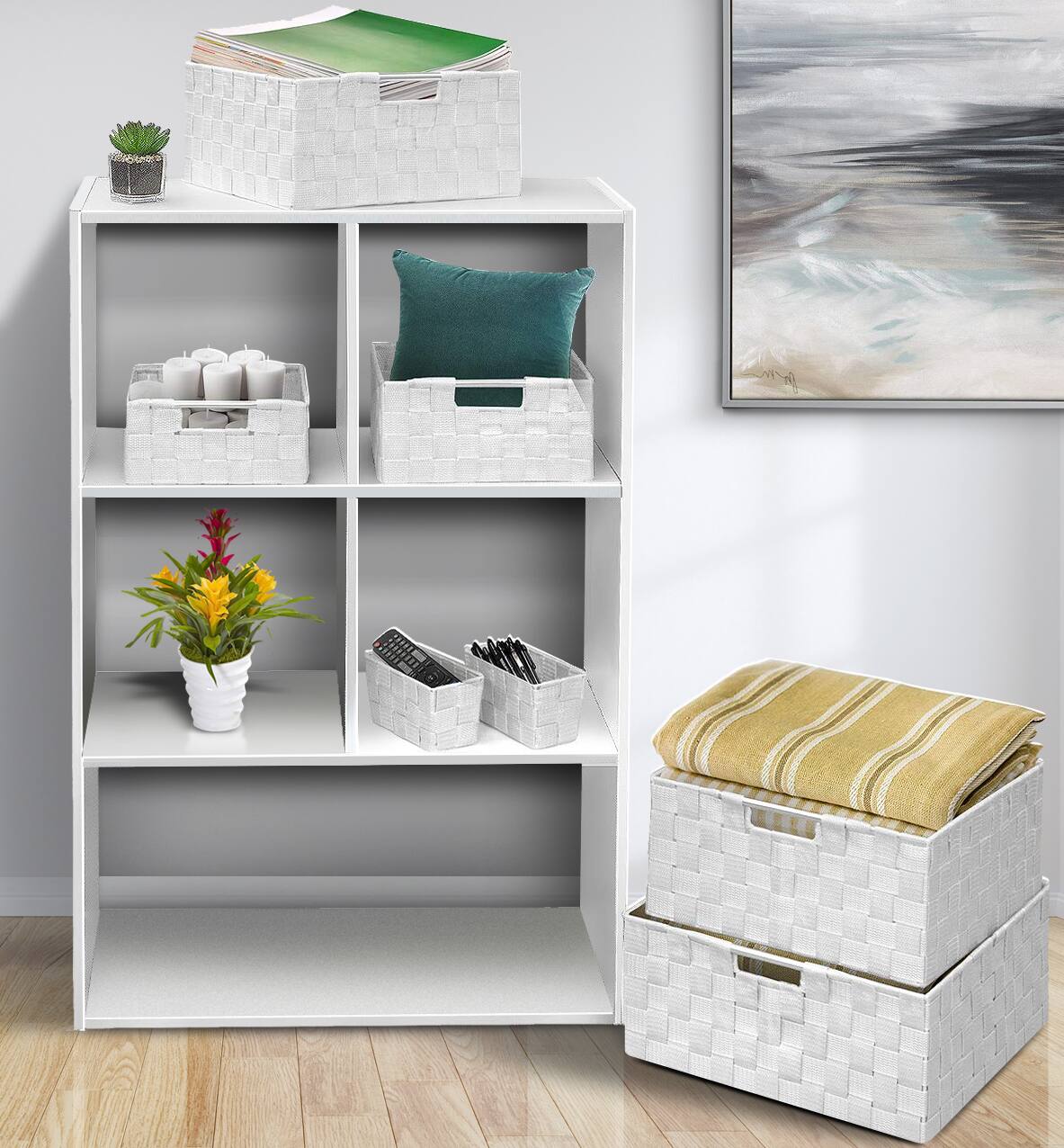 Angle. Sorbus - Sorbus 7 Piece Storage Baskets for Organizing , Mesh, Linen, Organizer Storage Baskets for Home or Office - White.