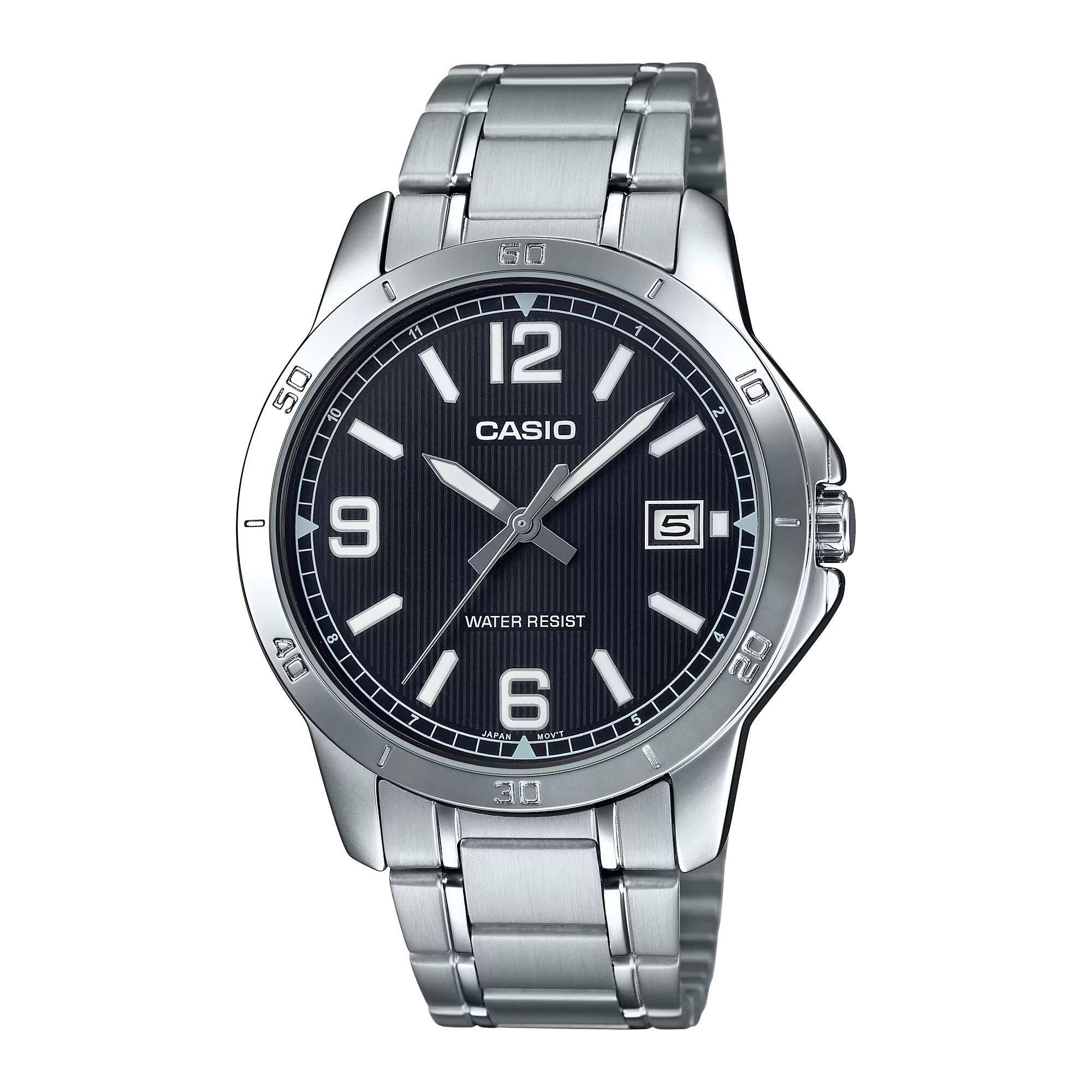 Casio- Men’s Stainless Steel Watch with Black Dial- MTP-V004D-1B2UDF- Silver