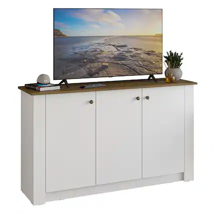 Front. Madesa - Madesa TV Stand and Storage Cabinet with 3 Doors Entertainment Unit for Living Room or Bedroom – White - White.