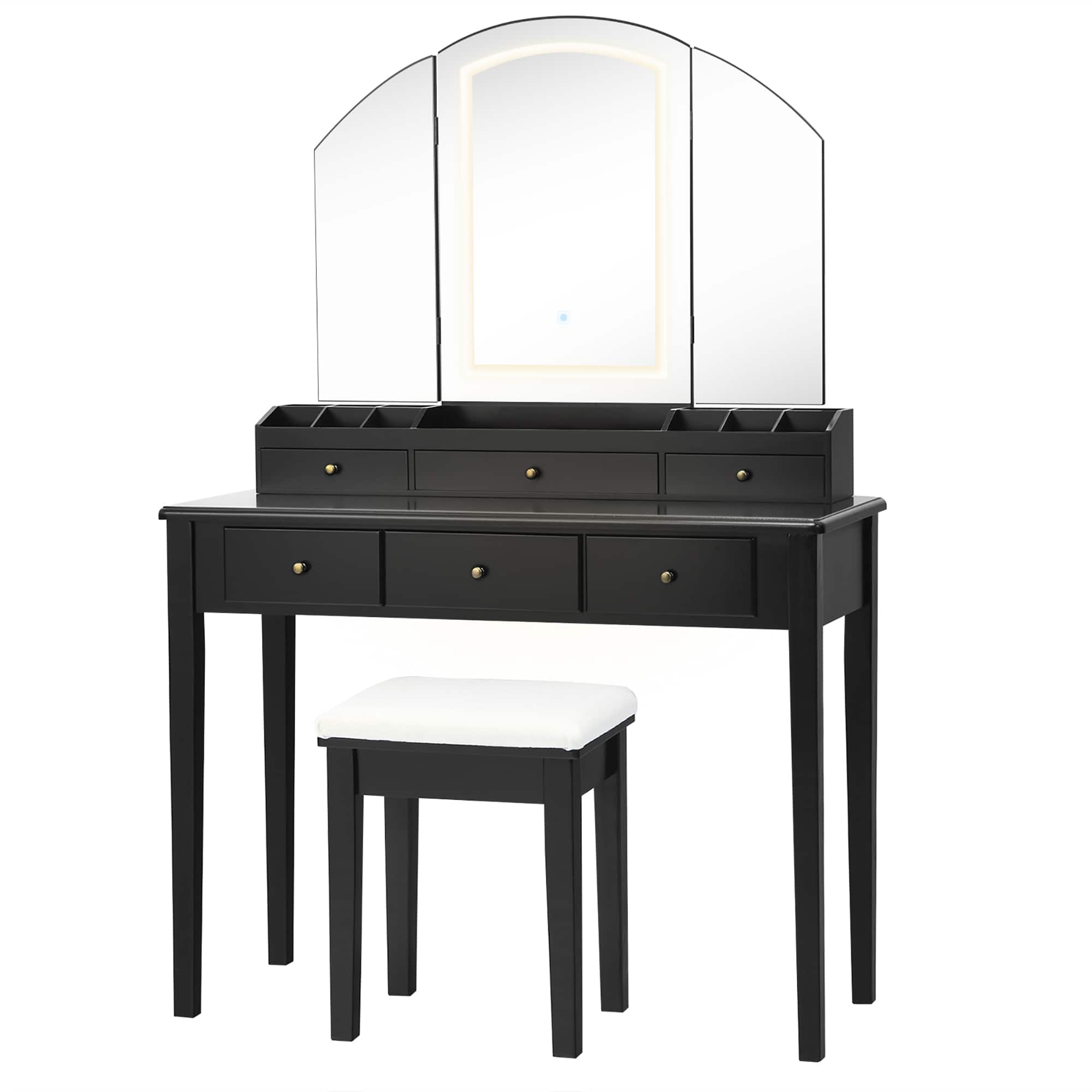 Costway - Vanity Table Stool Set Large Tri-folding Lighted Mirror 6 Drawer Dresser - Black