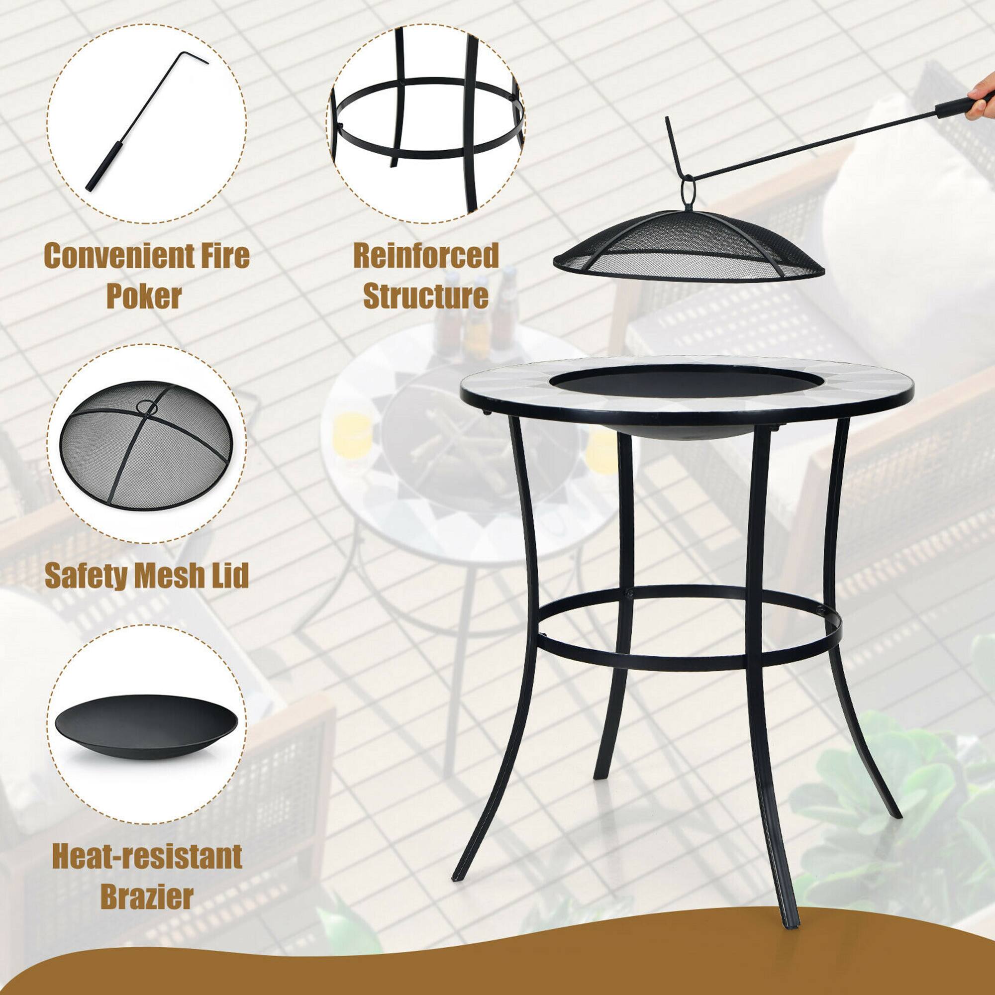 Convenient Fire Poker  
Reinforced Structure  
Safety Mesh Lid  
Heat-resistant Brazier