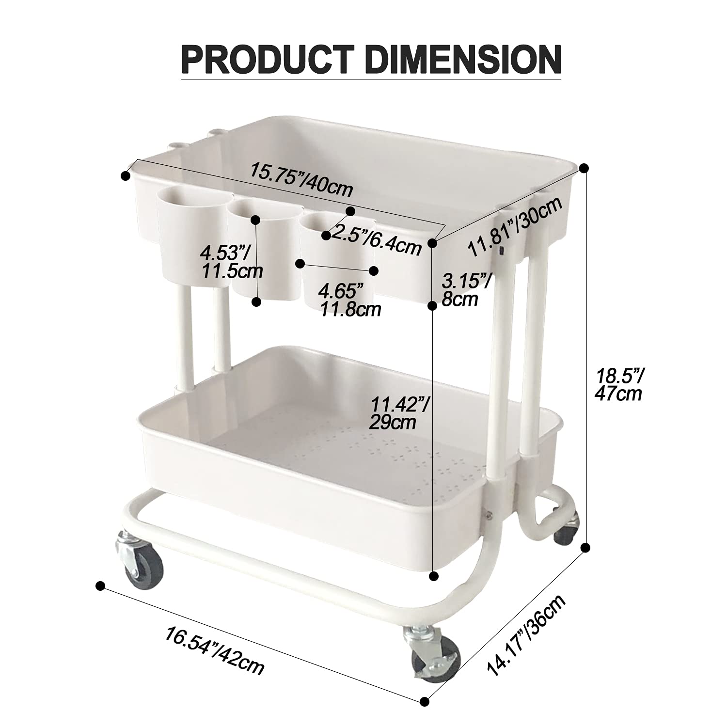 PRODUCT DIMENSION

- 15.75" / 40cm
- 4.53" / 11.5cm
- 2.5" / 6.4cm
- 4.65" / 11.8cm
- 3.15" / 8cm
- 11.81" / 30cm
- 11.42" / 29cm
- 16.54" / 42cm
- 14.17" / 36cm
- 18.5" / 47cm