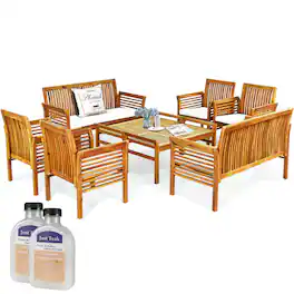 Gymax - 8 Piece Outdoor Acacia Wood Sofa Set w/ Teak Wood Oil Water Resistant Cushions - Natural