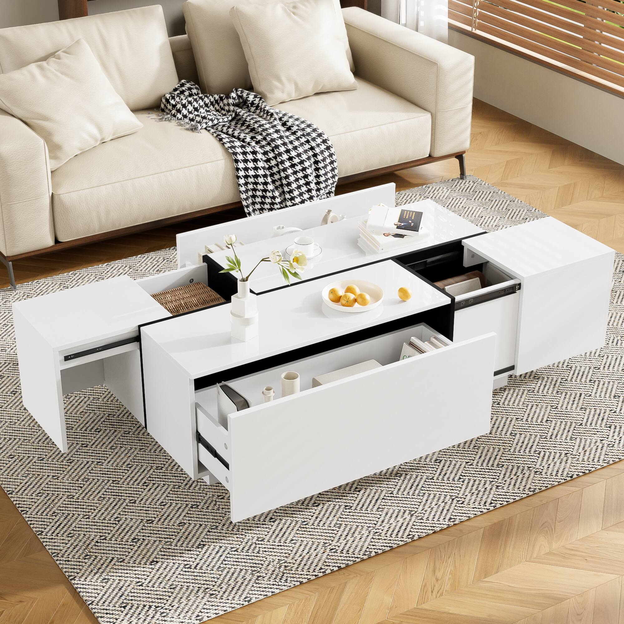 Alt View 2. Lirago - 47" U-Can Extendable Coffee Table  Smooth Finish 2 Hidden Storage Spaces 2 Drawers Multi Functional for Living Room - White.