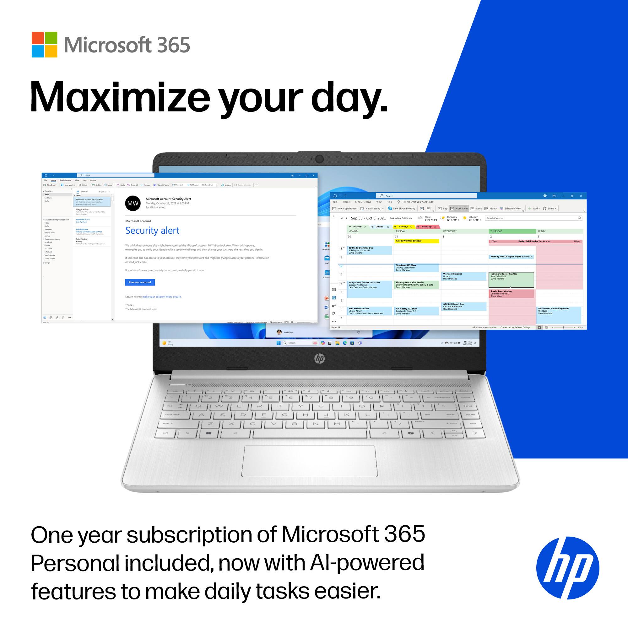 Microsoft 365  
Maximize your day.  

One year subscription of Microsoft 365 Personal included, now with AI-powered features to make daily tasks easier.  

hp