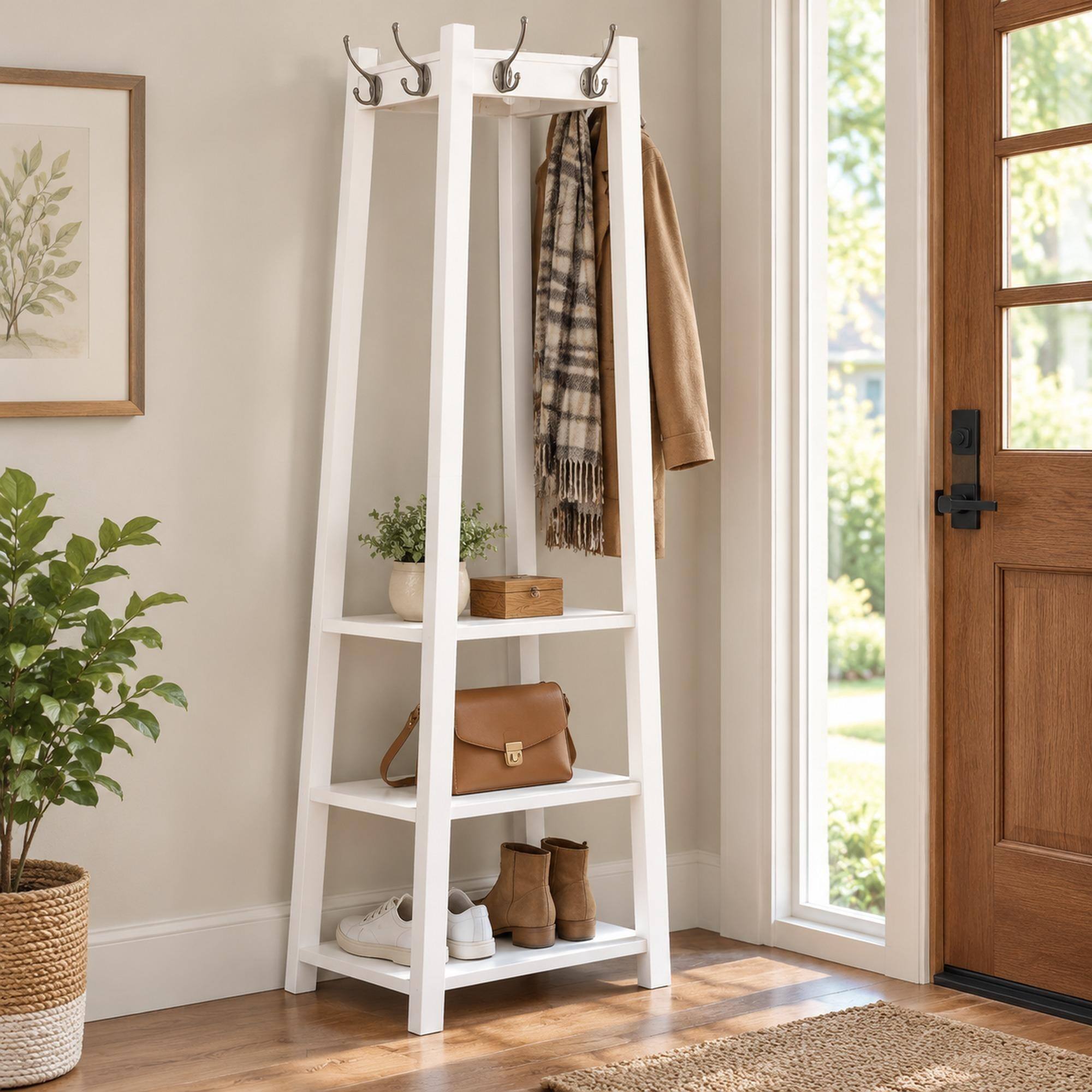 Front. RYHNUYNE - Vassen White Wood Coat Rack, 3-Tier Storage Shelves, 17.5 x 17.5 x 72 Inches, Silver Hooks - White.