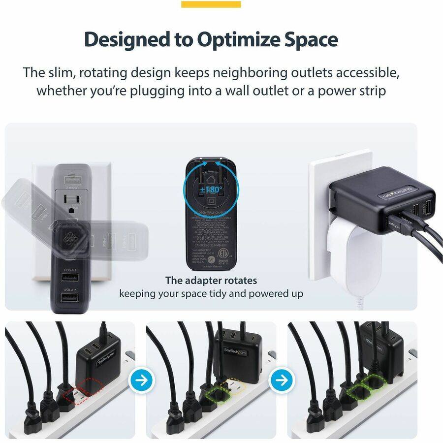 Designed to Optimize Space

The slim, rotating design keeps neighboring outlets accessible, whether you're plugging into a wall outlet or a power strip

The adapter rotates keeping your space tidy and powered up

StarTech.com
USB-A USB-A 2